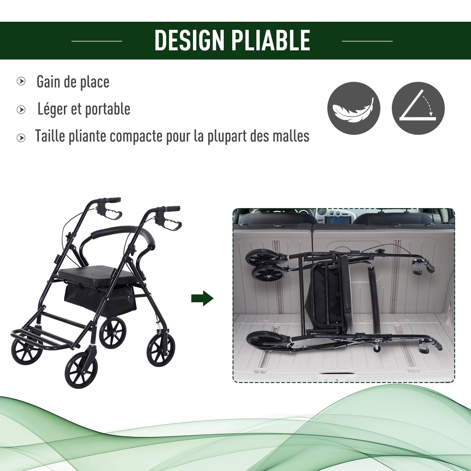 HOMCOM chodzik na 4 koła, lekki składany chodzik - siedzisko + wyściełane oparcie - ergonomiczne uchwyty, hamulce ręczne - kosz do przechowywania - podnóżek - metal czarny