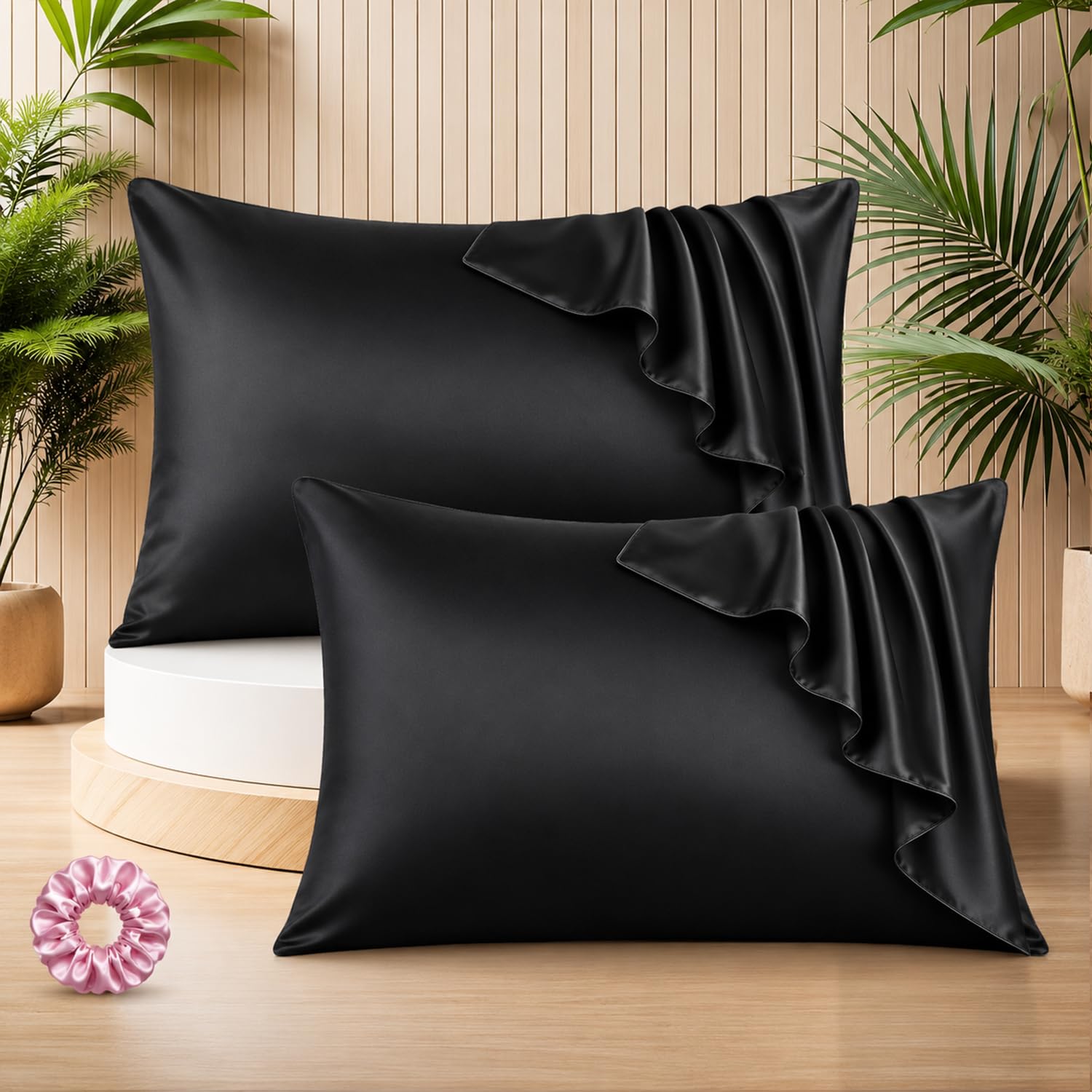 SITTELLA Satin Pillow Covers for Hair | Set of 2 + 1 Free Satin Scrunchie | Silk Pillow Case | Soft Pillow Satin Cover with Hidden Zipper | Pillow Cover | Black