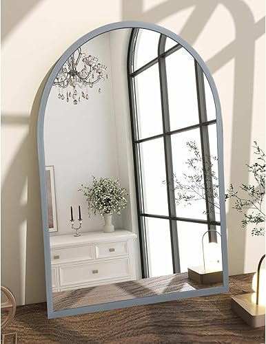 Miniatura 159 de Espejo de pared arqueado negro con marco de aleación de aluminio, espejo de baño de metal cepillado, espejo montado en la pared para sala de estar