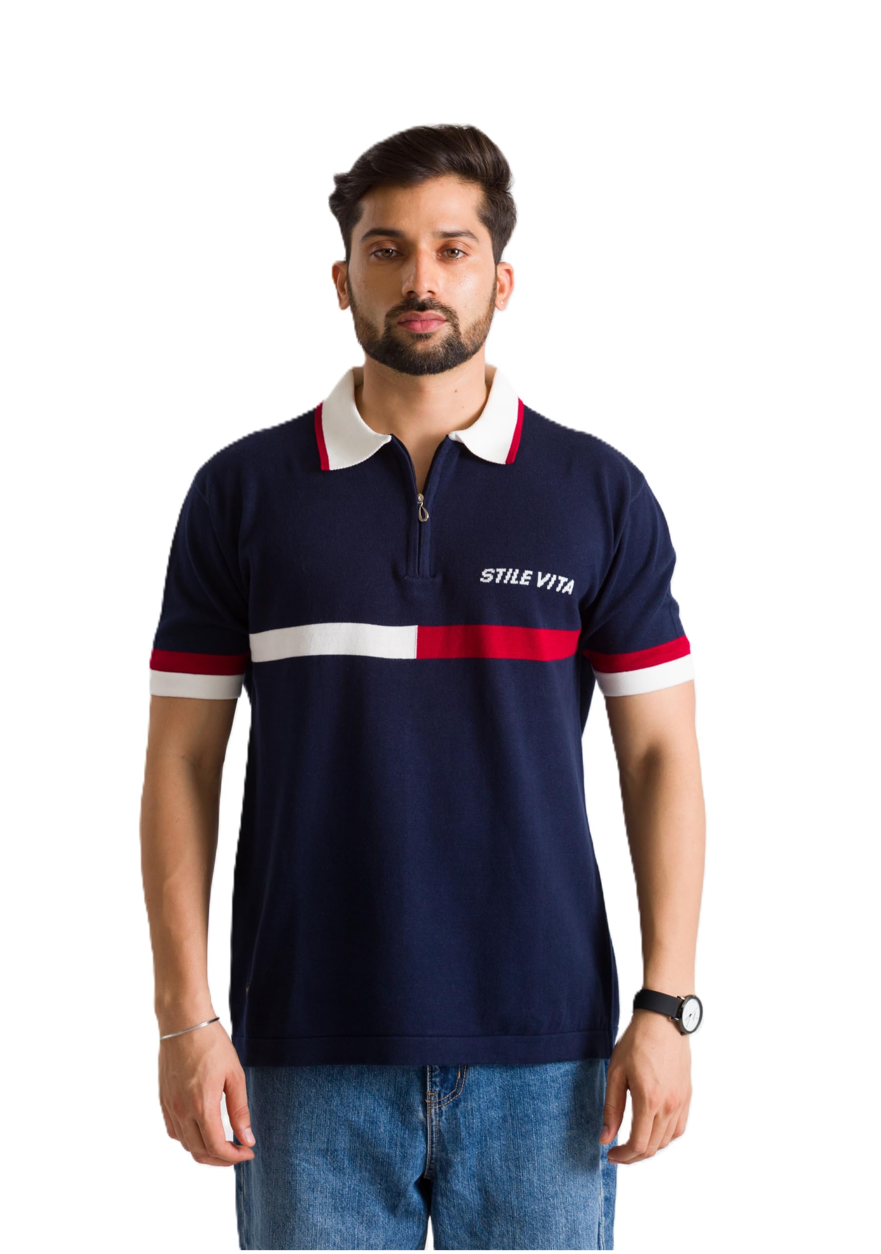 Knitted Navy Blue Polo T-Shirt for Men with Red & White Stripes | Premium Cotton Blend | Half Sleeve Casual Polo Tee-image-48