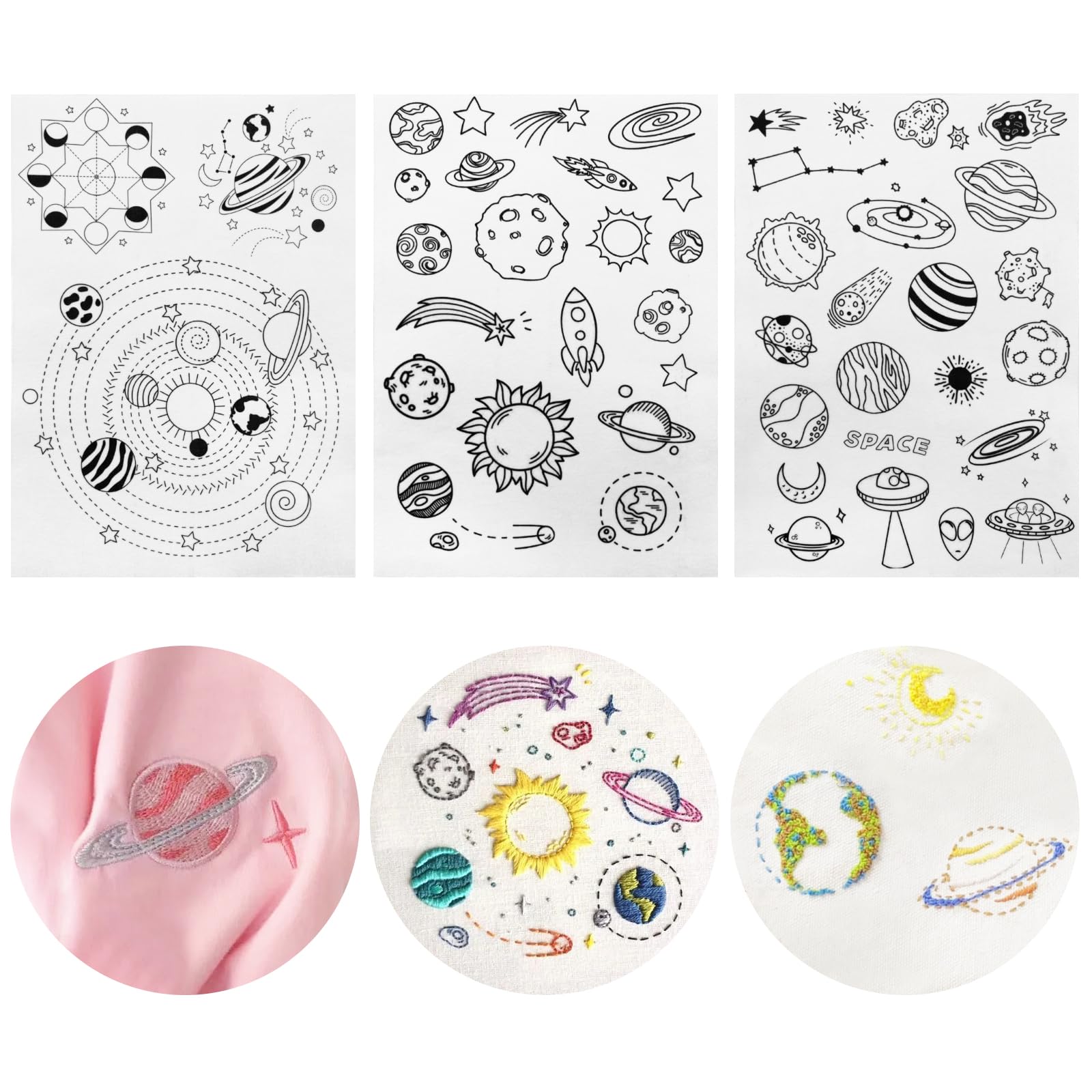 50 Pcs Stick and Stitch Embroidery Paper Designs 3 Sheets A4 Planet Style Water Soluble Embroidery Patterns Adhesive Embroidery Transfer Paper with Pre-Printed Patterns for Hand Sewing Lover Beginners
