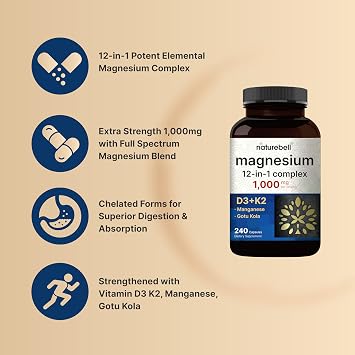 NatureBell 12-in-1 Magnesium Complex 1000mg, 4-Months Supply Magnesium Glycinate, Citrate, Taurate, Malate, More High Absorption Formula for Men & Women Chelated & Purified 240 Capsules