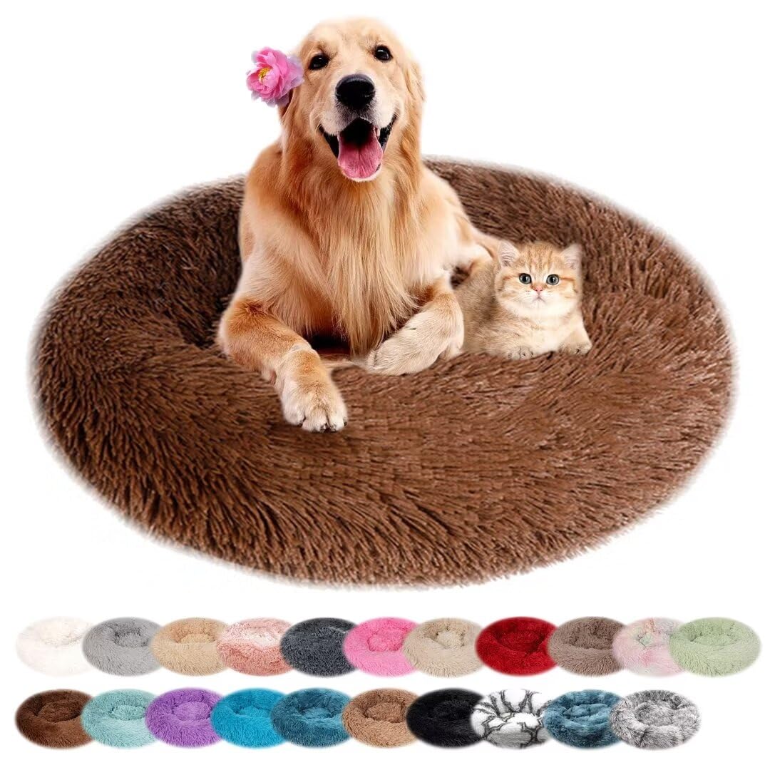 nvdsivee Dog Bed Plush Round Cat Bed for Indoor Cats Puppy Bed Washable Calming Dog Beds Cushion for Small Medium Large Dogs Dog Mattress with Anti-slip Bottom Brown 50cm