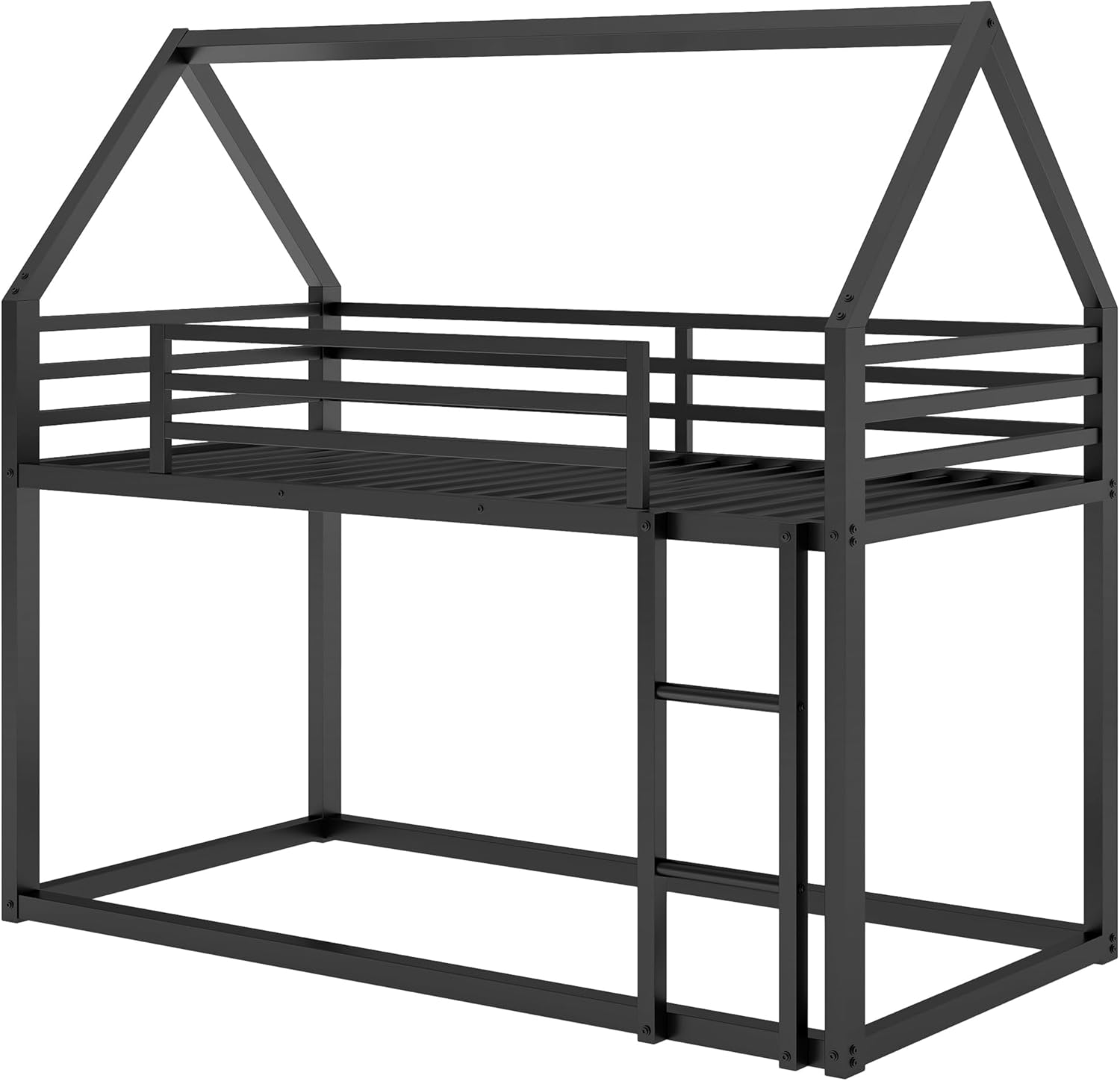 Twin Heavy Steel Low Bunk Bed with Built-in Ladder Bunk Bed Frame for Kids Boys Girls Space-Saving (Black)
