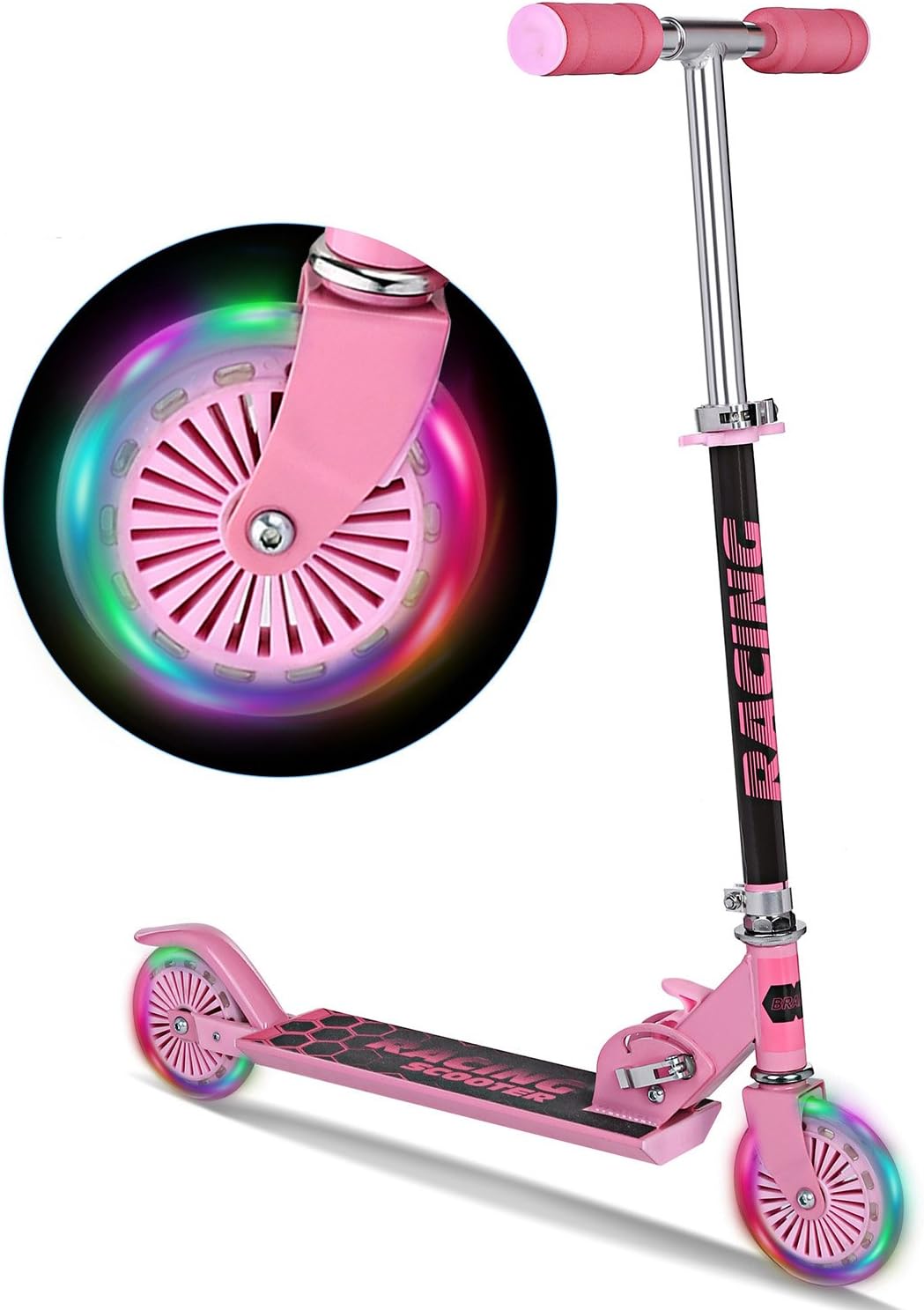 Kids Scooter 2 Wheels by WeSkate for Girls Boys 3 and Up, Smooth-Gliding, Adjustable Height Folding Kick Scooters with LED Light Up PU Wheels (Pink Gift)