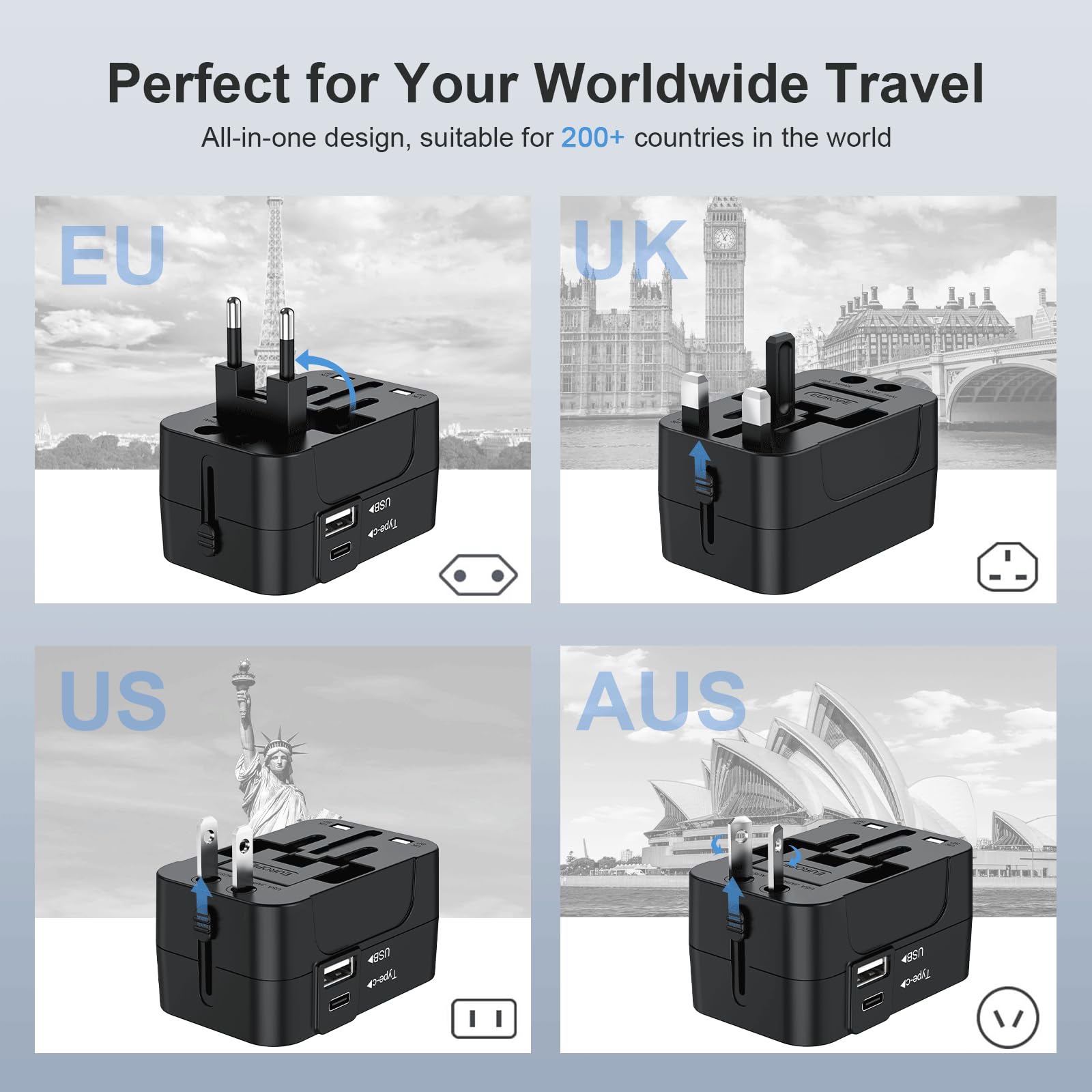 Amoner Adattatore Universale da Viaggio USB C Presa Americana Italiana Inglese Giapponese Francese Travel Essentials Gadget Viaggio