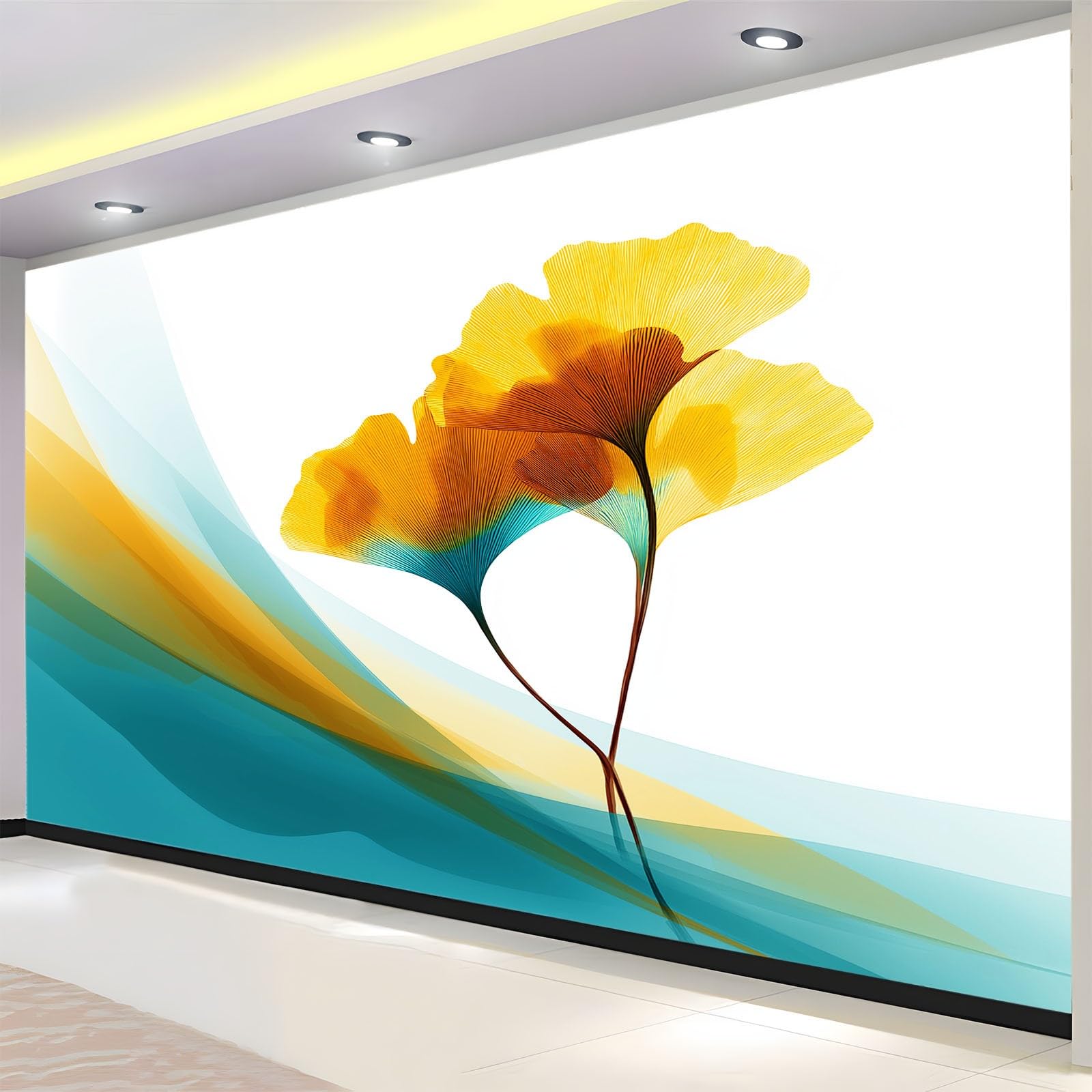 Carta da parati Fotomurale in una Versione su Misura 250 x 175 cm (L x A), Astratto Minimalismo Foglia Di Ginkgo Carta da Parati Murale (Blu-Verde) – per Soggiorno TV Hotel e Corridoio a Tema