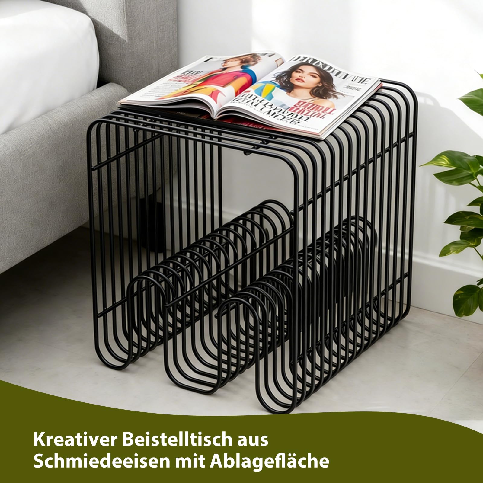 Tavolino da salotto in metallo con portariviste (nero) | montaggio semplice, moderno comodino per soggiorno, camera da letto, 32 × 32 × 41 cm