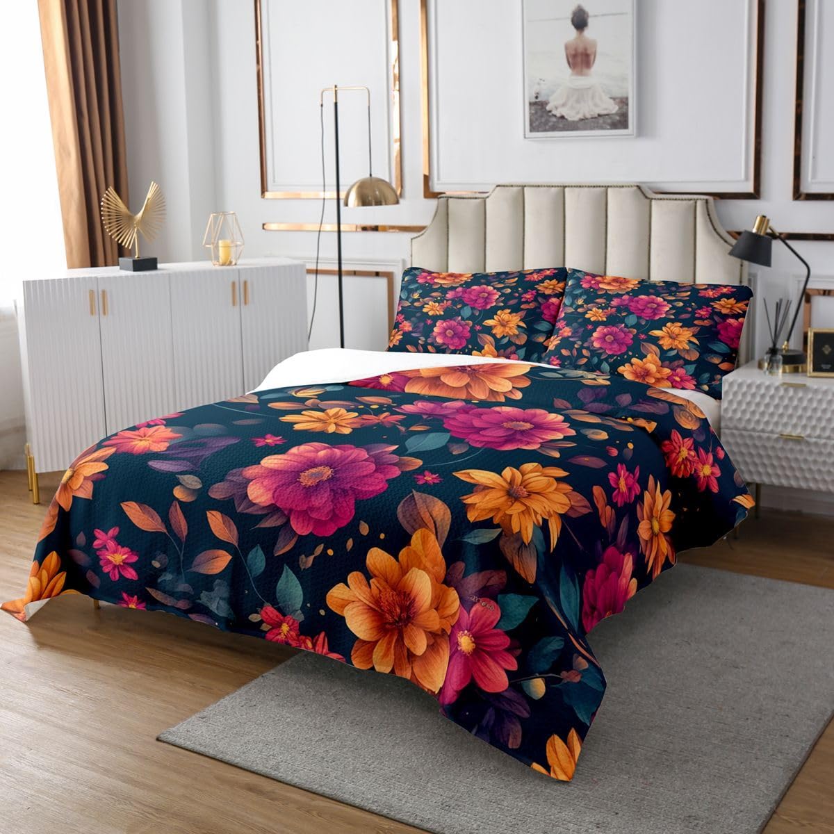 jejeloiu Gradient Boho Floral Bedspread Quilts Bohemian Ethnic Coverlet Set Queen Size for Kids Boys Girls Pink Yellow Quilted Coverlet for All Season with 2 Pillowcases Tribal Rainbow Microfiber