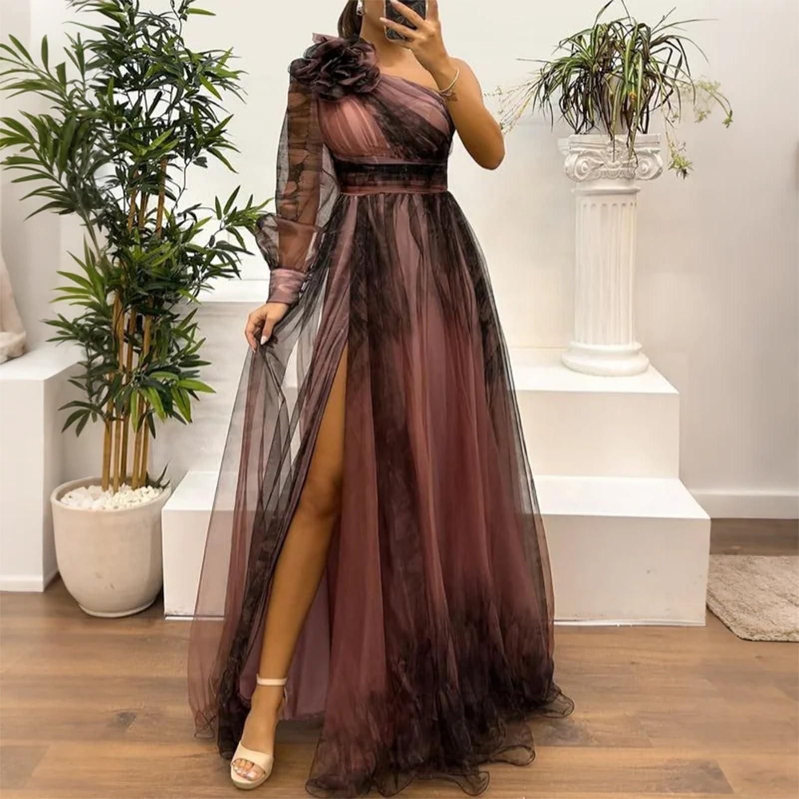 Maxikleider Damen Sommer Elegant Hochzeit Blumen Festliche Kleider Für Damen Einschulter Tüll Abendkleid Lang mit Ärmel Cocktailkleid Hochzeitsgast Maxi mit Schlitz Kleid Festlich Schwingen