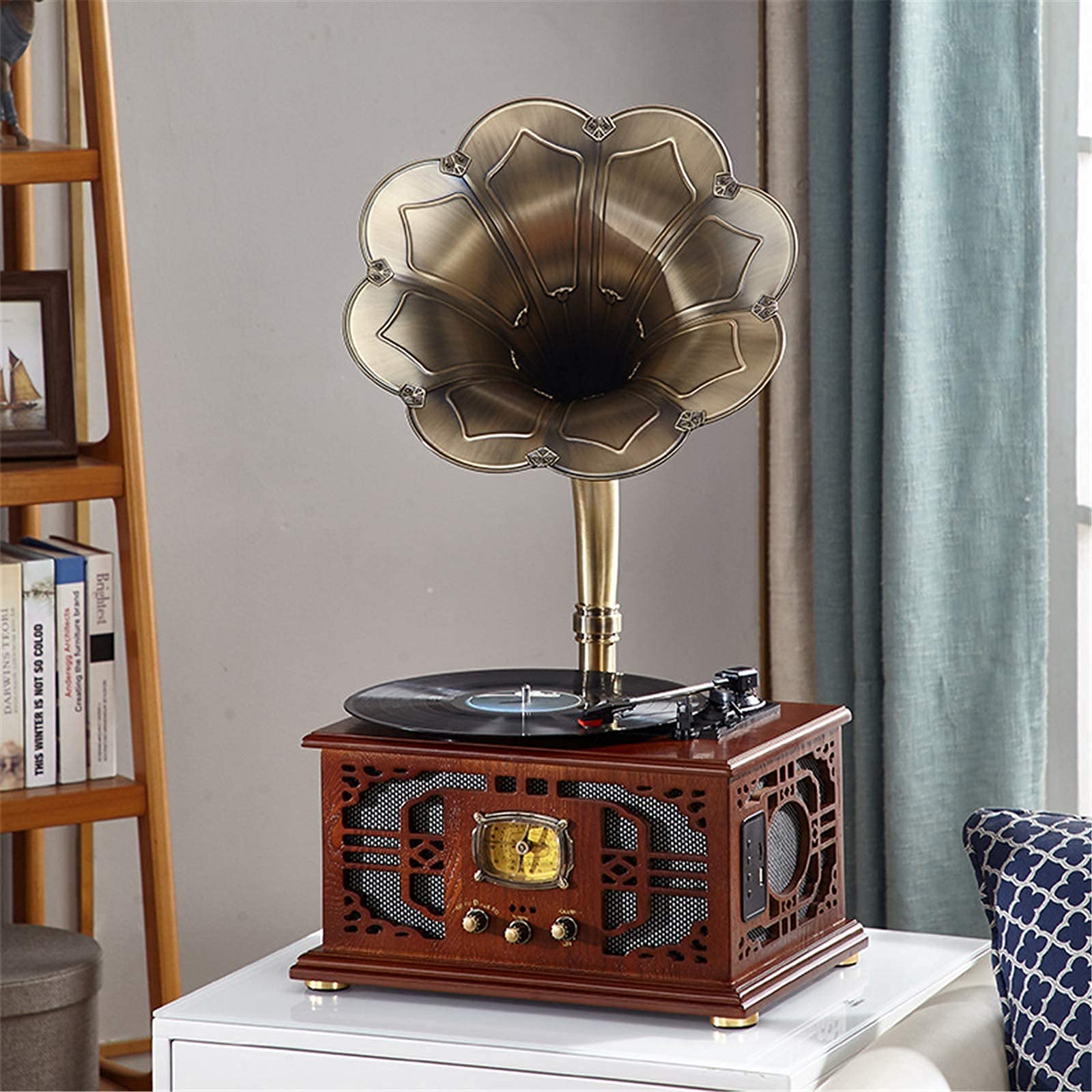 Gramófono de Madera, Estilo Retro, Tocadiscos de Vinilo Antiguo de Gran tamaño, Compatible con reproducción de vinilos y CD, Bluetooth inalámbrico, Radio y reproducción de Disco, Brown