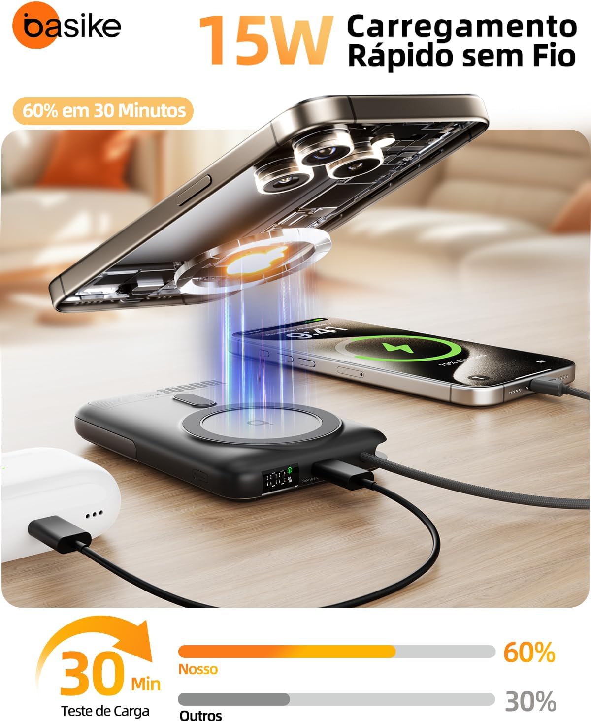 Basike Power Bank Indução 10000mAh – Carregador Portátil Indução 15W, Carregamento Rápido, Tipo-C(1 Porta + Cabo Integrado até 22,5W, Entrada até 18W), Compatível com MagSafe, Suporte Dobrável – Cinza Basike Power Bank Indução 10000mAh – Carregador Portátil Indução 15W, Carregamento Rápido, Tipo-C(1 Porta + Cabo Integrado até 22,5W, Entrada até 18W), Compatível com MagSafe, Suporte Dobrável – Cinza