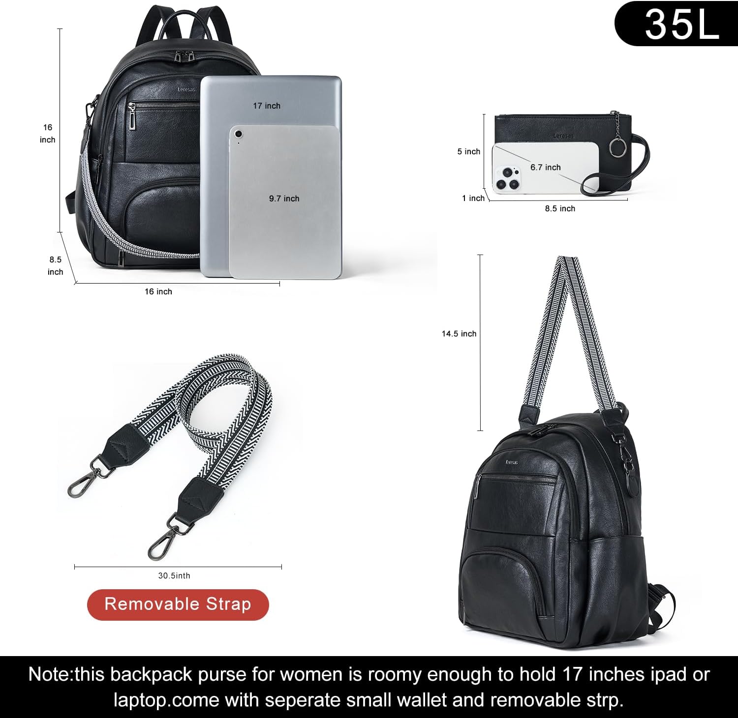 Leresas 35L Backpack Purse for Women Men Teacher Backpack Vegan Leather Fashion Travel Backpack Business Work College Computer Bag Black