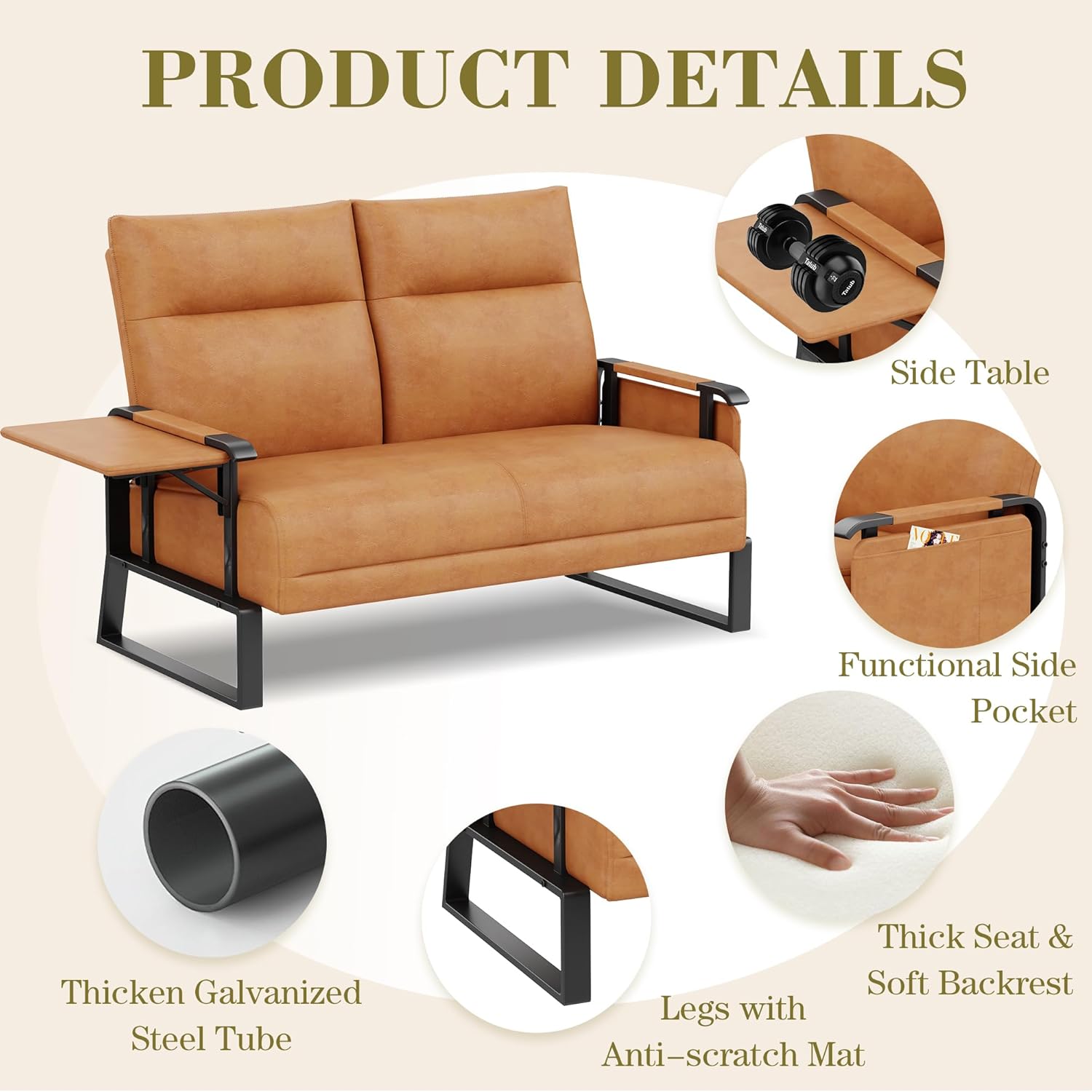 50" Loveseat Sofa, Modern Faux Leather Small Couch with Foldable Side Table, Brown Upholstered 2 Seater Couch for Living Room Bedroom Love Seat