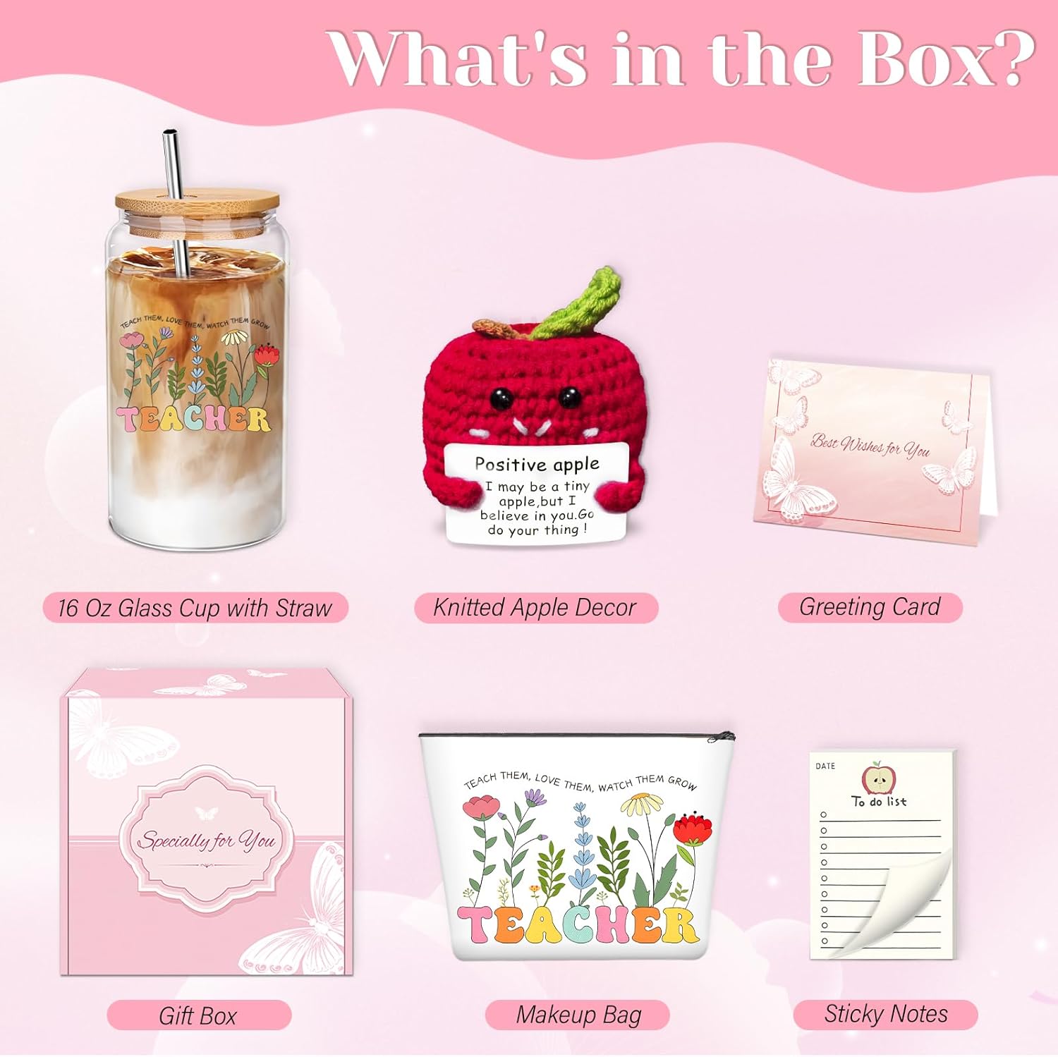 Teacher Gifts for Women, Teacher Must Haves with 16 Oz Glass Cup with Lid, Makeup Bag, Sticky Notes, Birthday Gifts for Women, Coworkers, Thank you gift for Teacher's Day, Thanksgiving, Christmas - Image 6