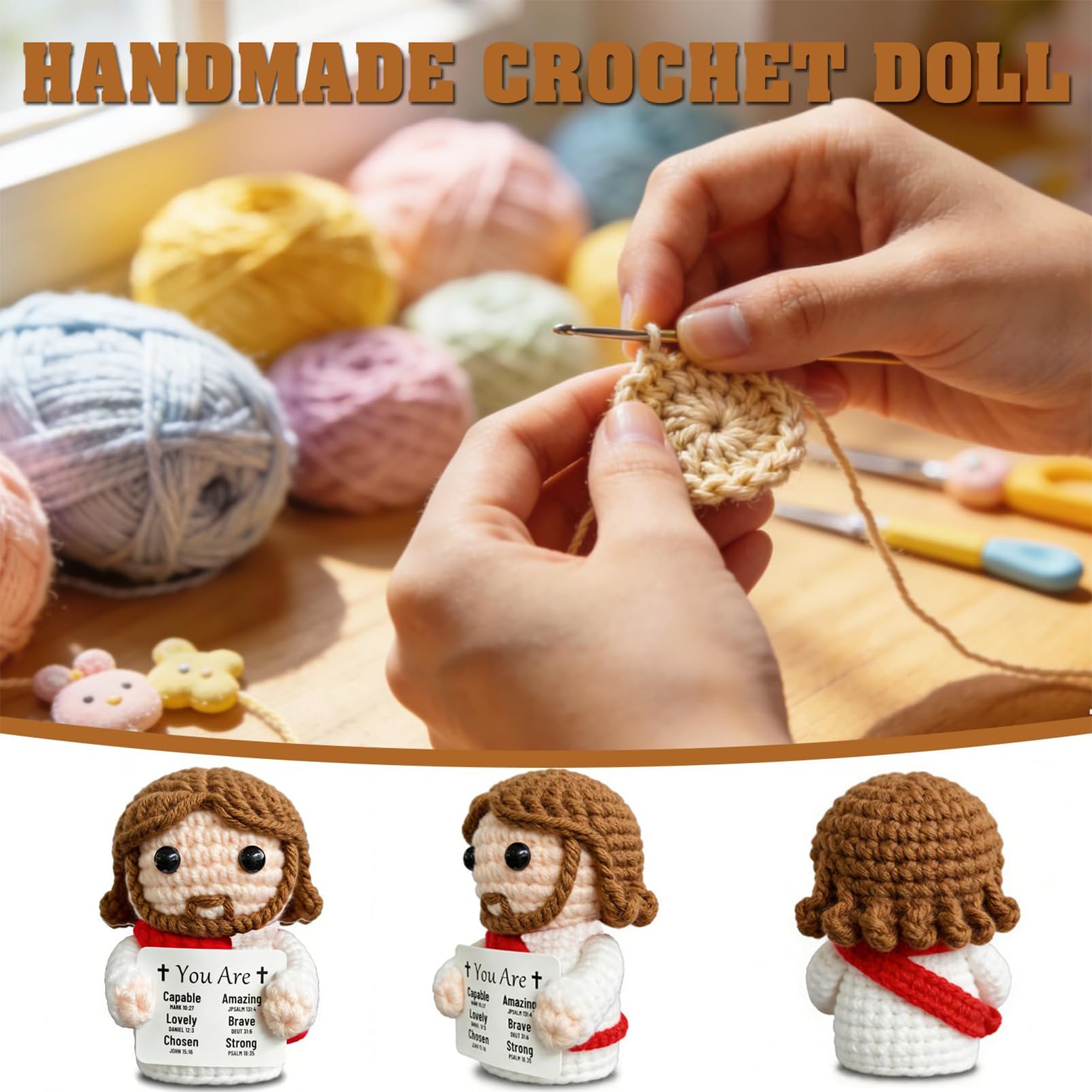 Positive Crochet Jesus Gifts for Men, Women, Teens Emotional Support Crochet Toy with Bible Verse Card Emotional Support Christian Gifts for Friend Family Coworker