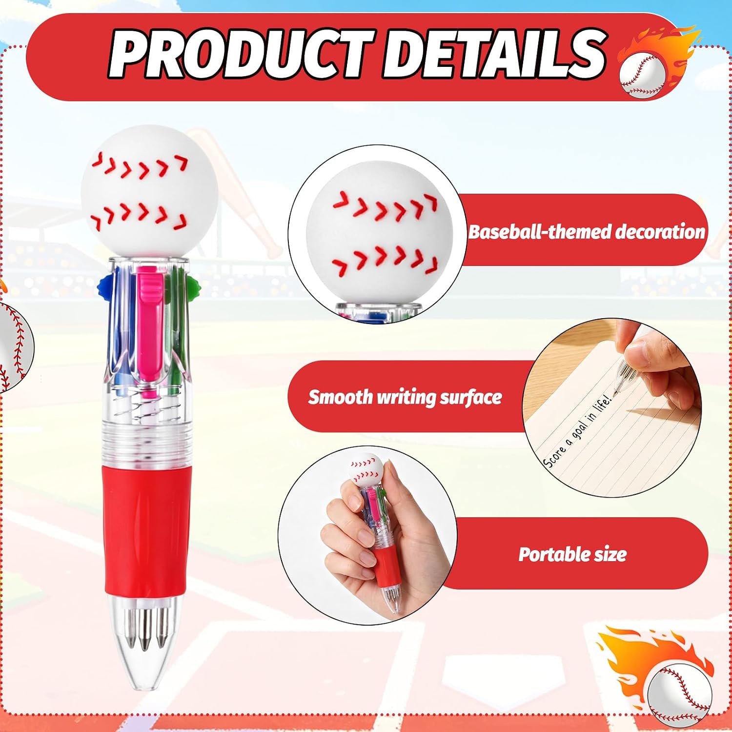 24 Pack Baseball Pens Bulk, Baseball Party Favors, 4-in-1 Multi Color Pen with Cards, Baseball Goodie Bags Stuffers Sport Game Prizes, Ballpoint Pens for Sport Party Birthday Gifts Office Supplies image 3