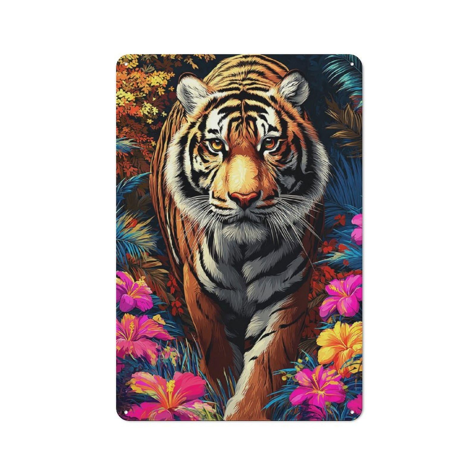 Junmoney Tiger In Vibrant Jungle Vintage Tin Sign 30X20cm With For Living Room Or Hallway, Gift Idea At Christmas For Home Wall Decor Collectors
