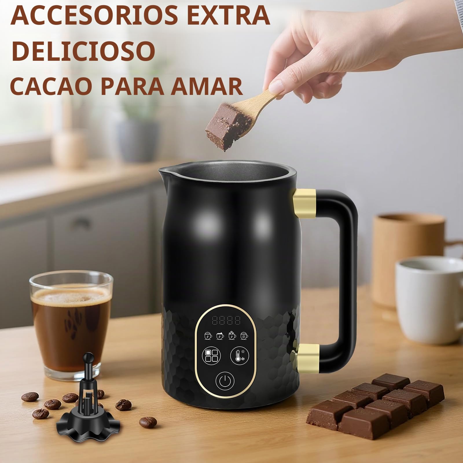 Espumador de leche eléctrico - Espumador de leche 4 en 1 para chocolate caliente con control de temperatura, espumador de leche automático para espuma caliente y fría con 2 batidores para capuchino