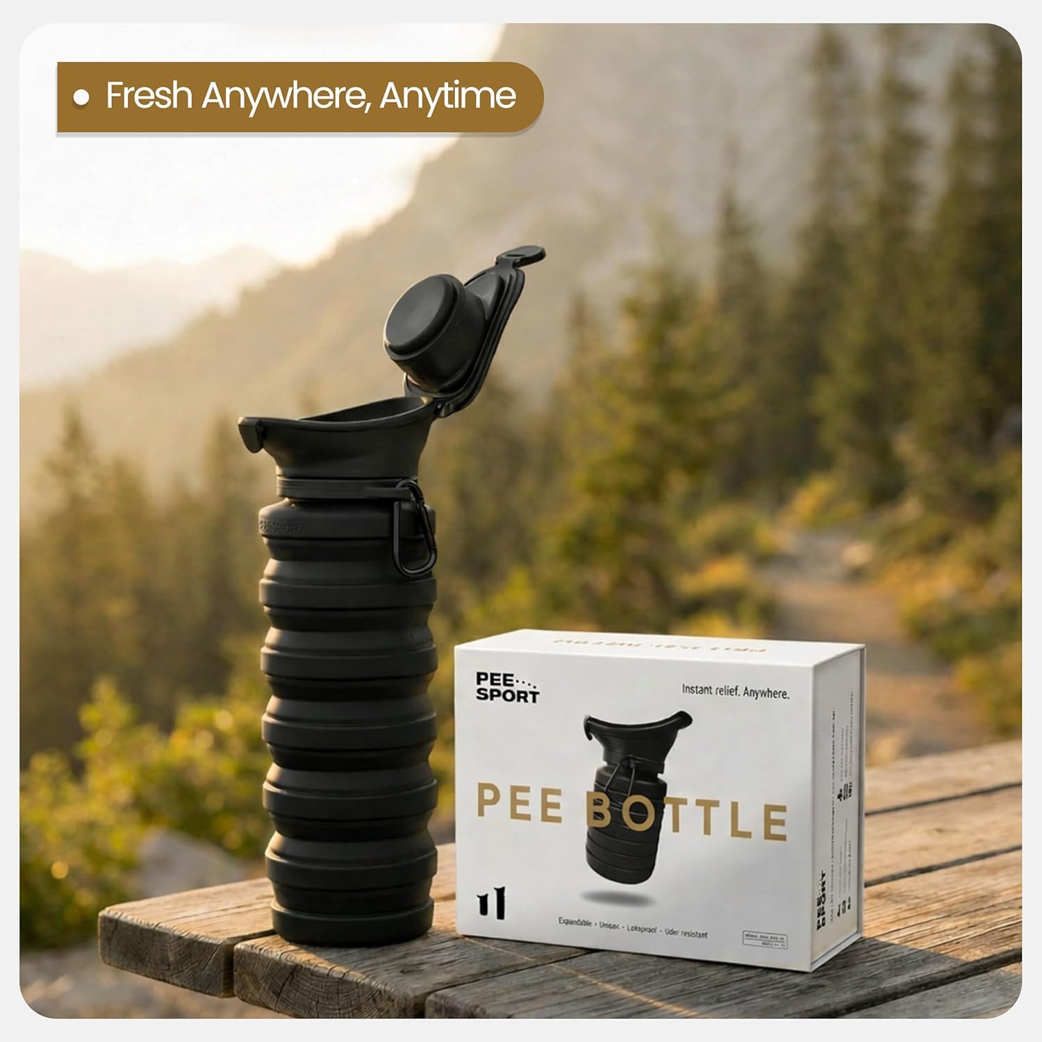 PeeSport - Orinario portátil para hombres y mujeres, silicona plegable de 34 onzas (1000 ml), botella de orina reutilizable y a prueba de fugas – unisex para viajes, camping, mesita de noche y orinal