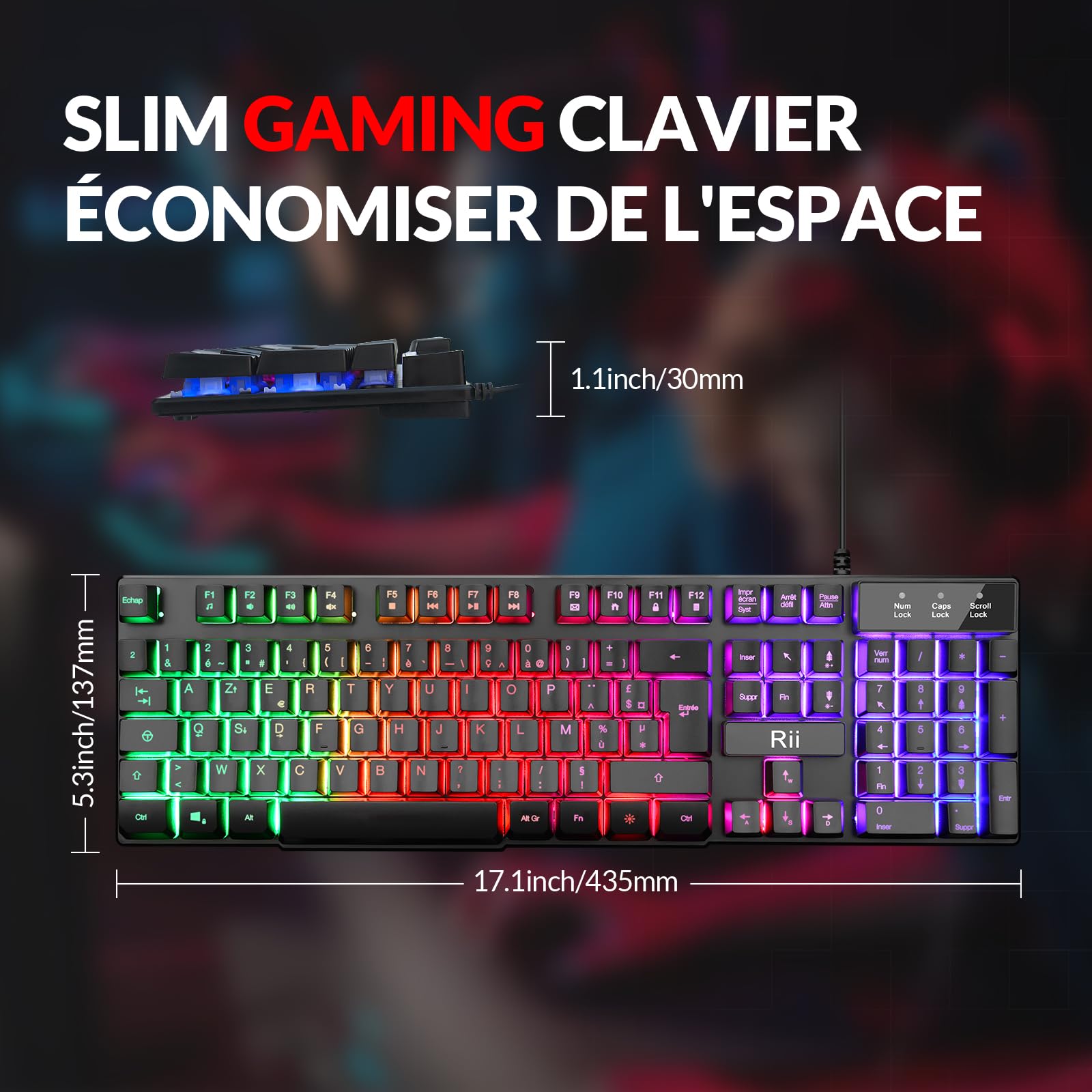 Rii Clavier Gamer - AZERTY - Nouveau Clavier USB Filaire - 105 Touches Semi-Mécaniques - 5 Couleurs LED Rétro - 11 Raccourcis Multimédia - pour PC Mac - PS4 PS5 - Noir