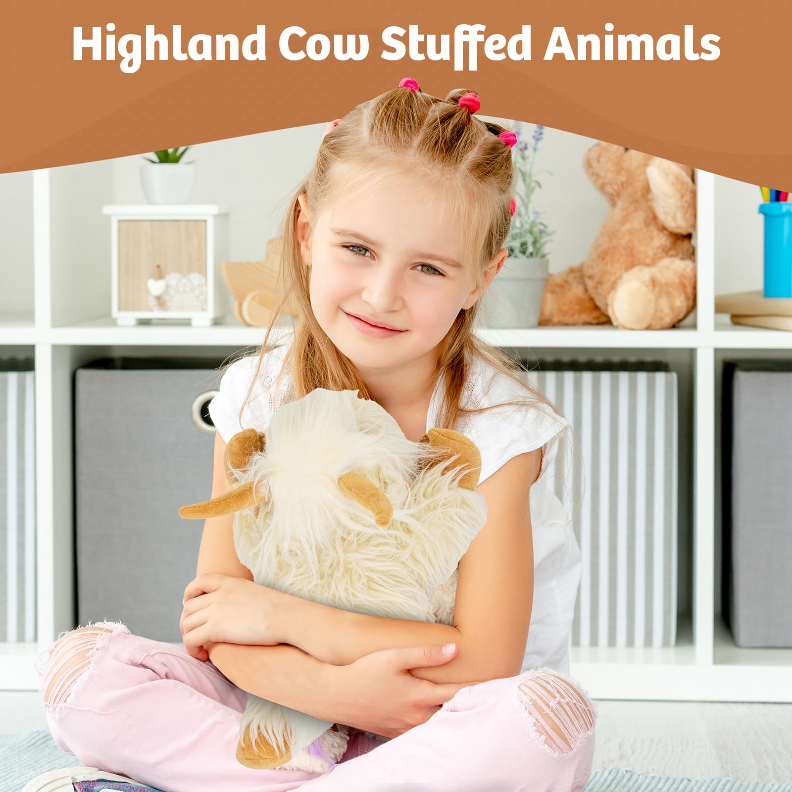 Close-up of the adorable Marysun Highland Cow plush, showcasing its fluffy texture and charming design.