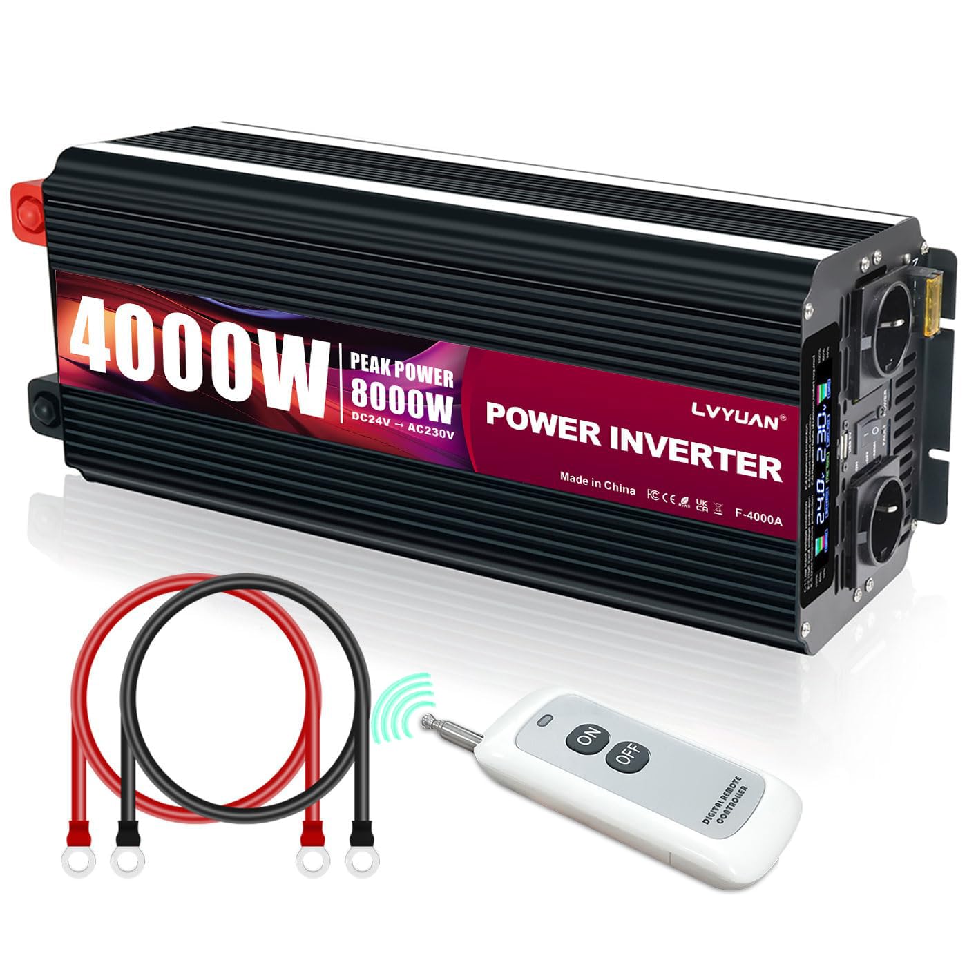 Yinleader Wechselrichter 24V DC auf 230V AC, 4000W Dauerleistung/8000W Spitzenleistung, Spannungswandler, LCD-Anzeige & Funkfernbedienung, für Wohnmobil/Camping/LKW/Haushaltsgeräte