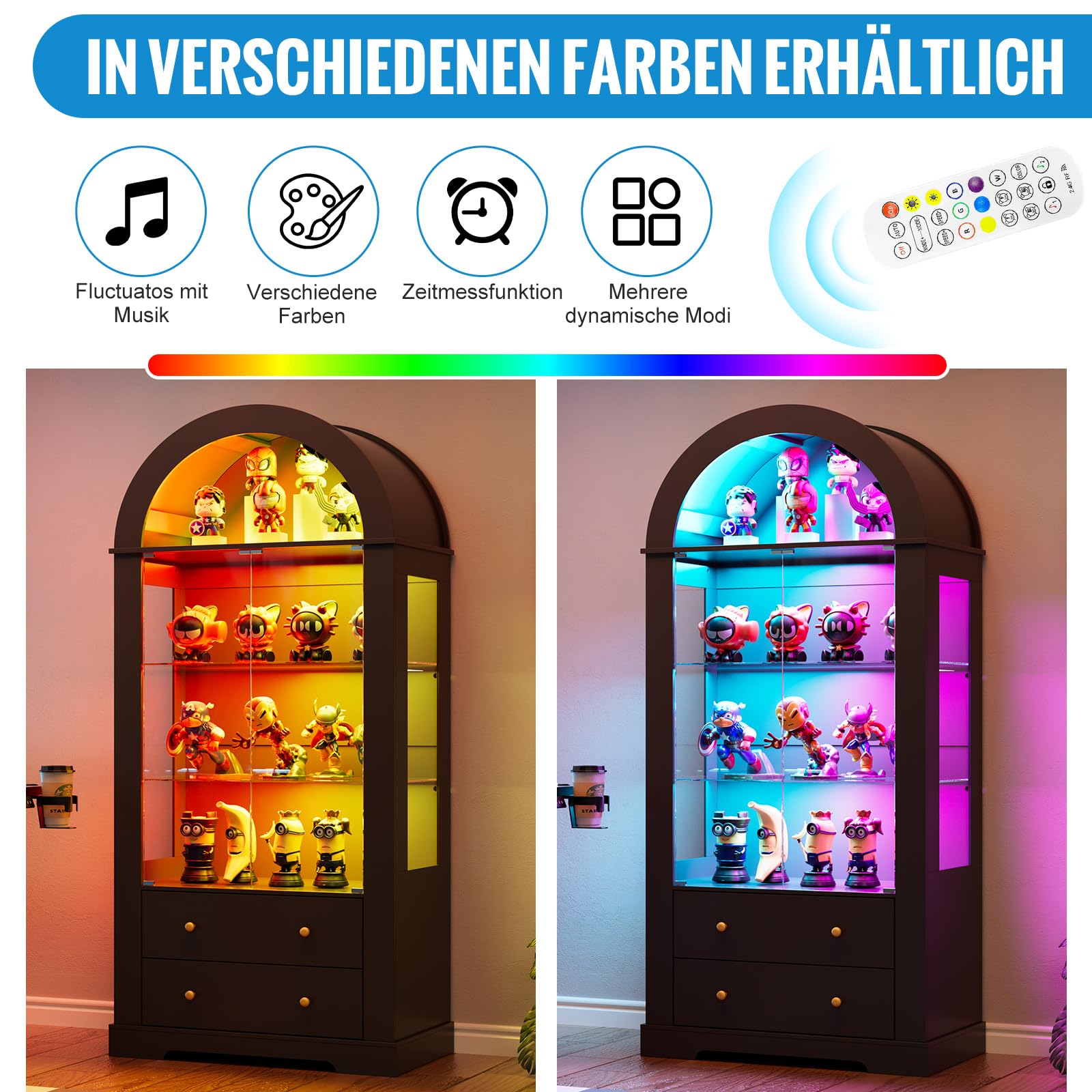 Vitrina Cristal Arqueada LED, 185cm Vitrina Expositora con Puertas de Cristal, Vitrina Coleccionista de Arco con 4 Estantes de Exhibición y 2 Cajones, Salón Dormitorio,Pasillo,Oficina,Negro