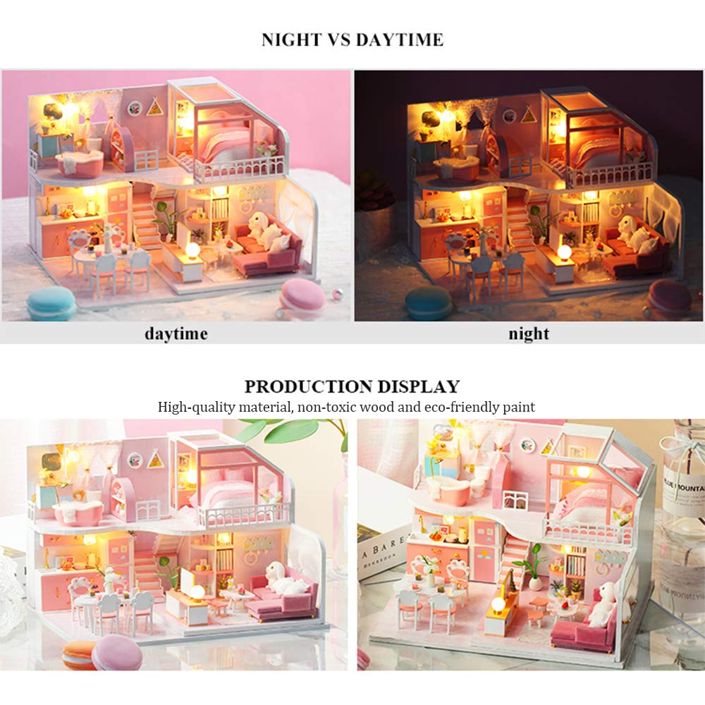 Miniaturowy Domek dla Lalek z Meblami, Drewniany Domek dla Lalek 3D DIY ze światłami LED dla przyjaciół Rodziny Dzieci (z osłoną przeciwpyłową)