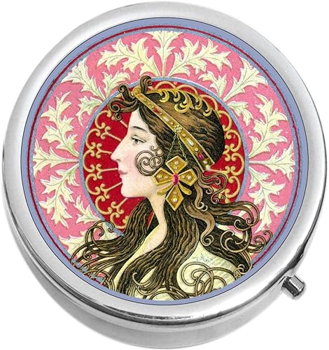 Pastillero de medicina con estampado vintage Art Nouveau - Pastillero portátil cabe en bolso o bolsillo