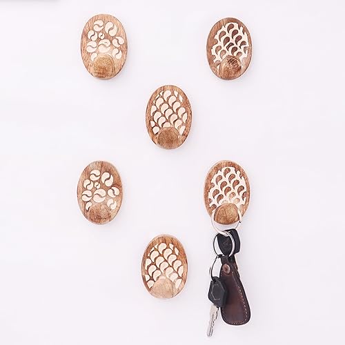 Miniatura 85 de Indian Shelf 3 ganchos, 6 tiras de ganchos de pared adhesivos de madera, ganchos decorativos de pared para colgar, gancho adhesivo bohemio