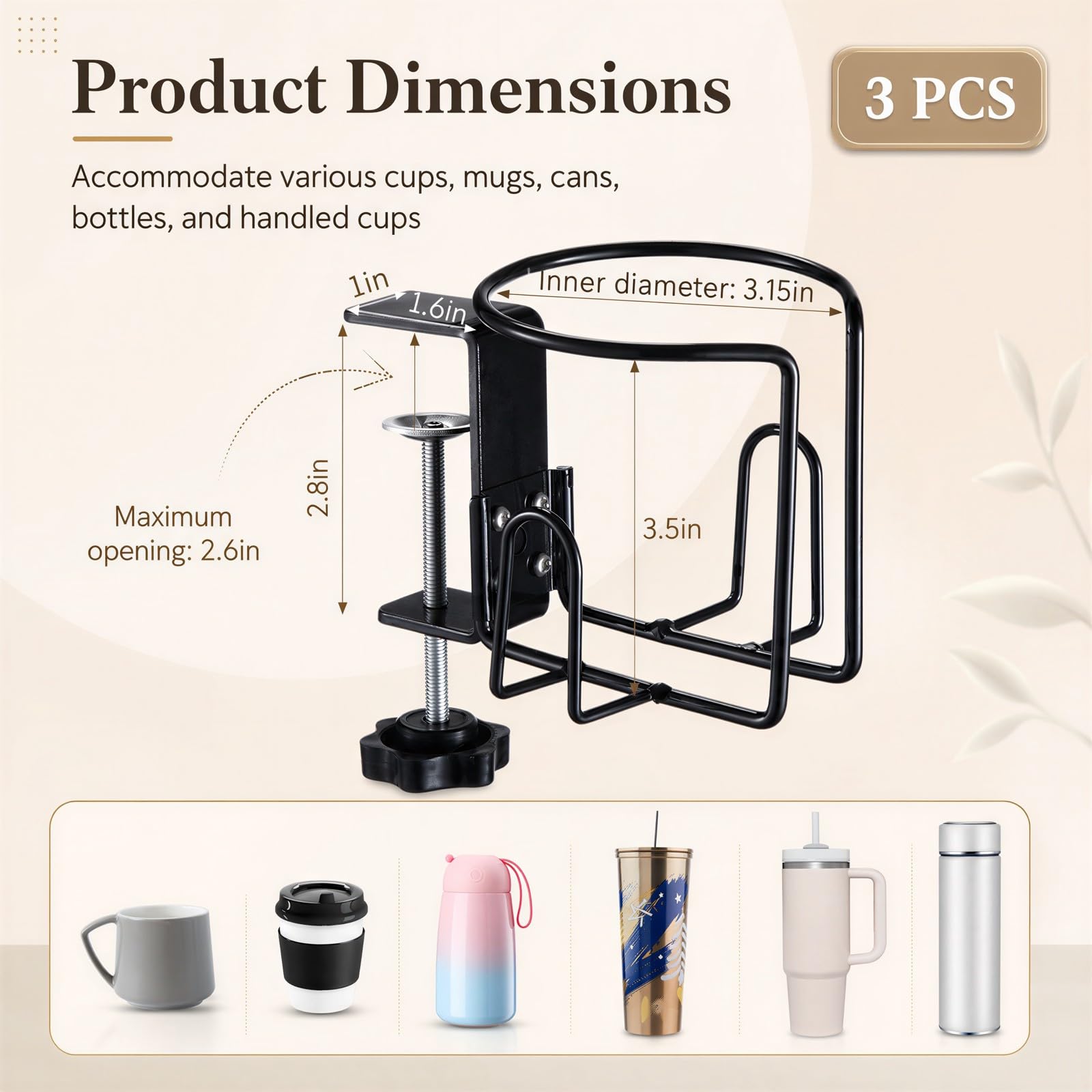 3 Stk. Getränkehalter für den Schreibtisch, Klemmhalter für Tisch und Rollstuhl, Becherhalter für Kaffee, Dosen und Flaschen, verstellbar, für horizontale oder vertikale Klemmmontage