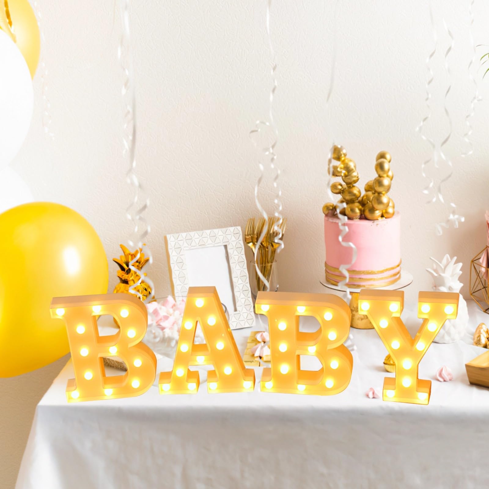 Letrero iluminado, letras LED amarillas, perfectas para baby showers, anuncios, decoración de fiestas, incluye A, B, B, Y, 22,5 cm, 4 piezas