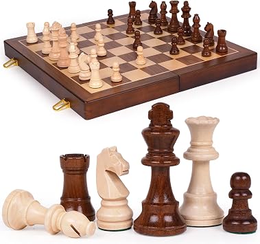 Large 17 Wooden Chess Set for Adults and Kids Large Solid Folding Wood Chess Board with Hand-Carved Pieces, 3.25 King, 2 Extra Queens, Family Classic Strategy Board Game