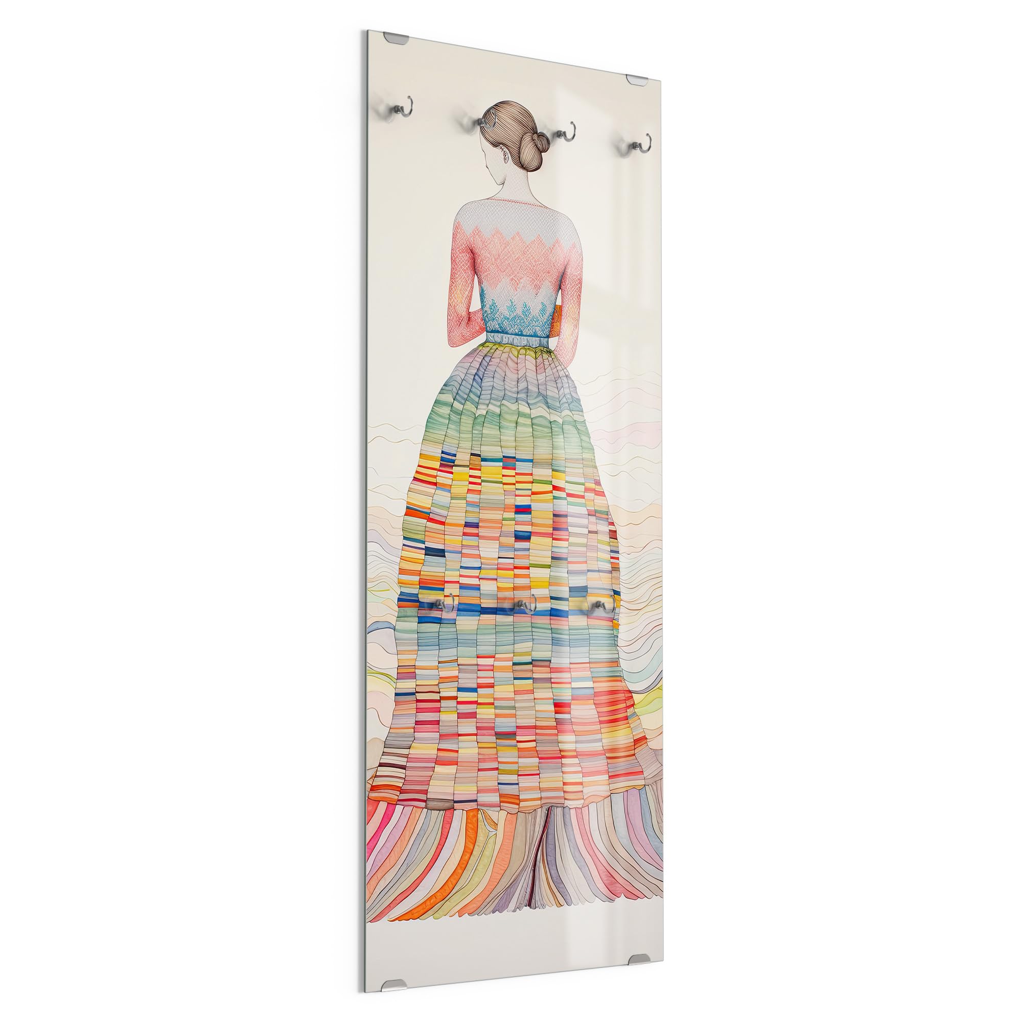 DEQORI Wieszaki na ubrania ze szkła z nadrukiem motywu | wzór pionowy, 50 x 125 cm | motyw przeglądu w kolorze | szkło bezpieczne ESG z 7 haczykami – do pisania i łatwy montaż – łatwy w pielęgnacji