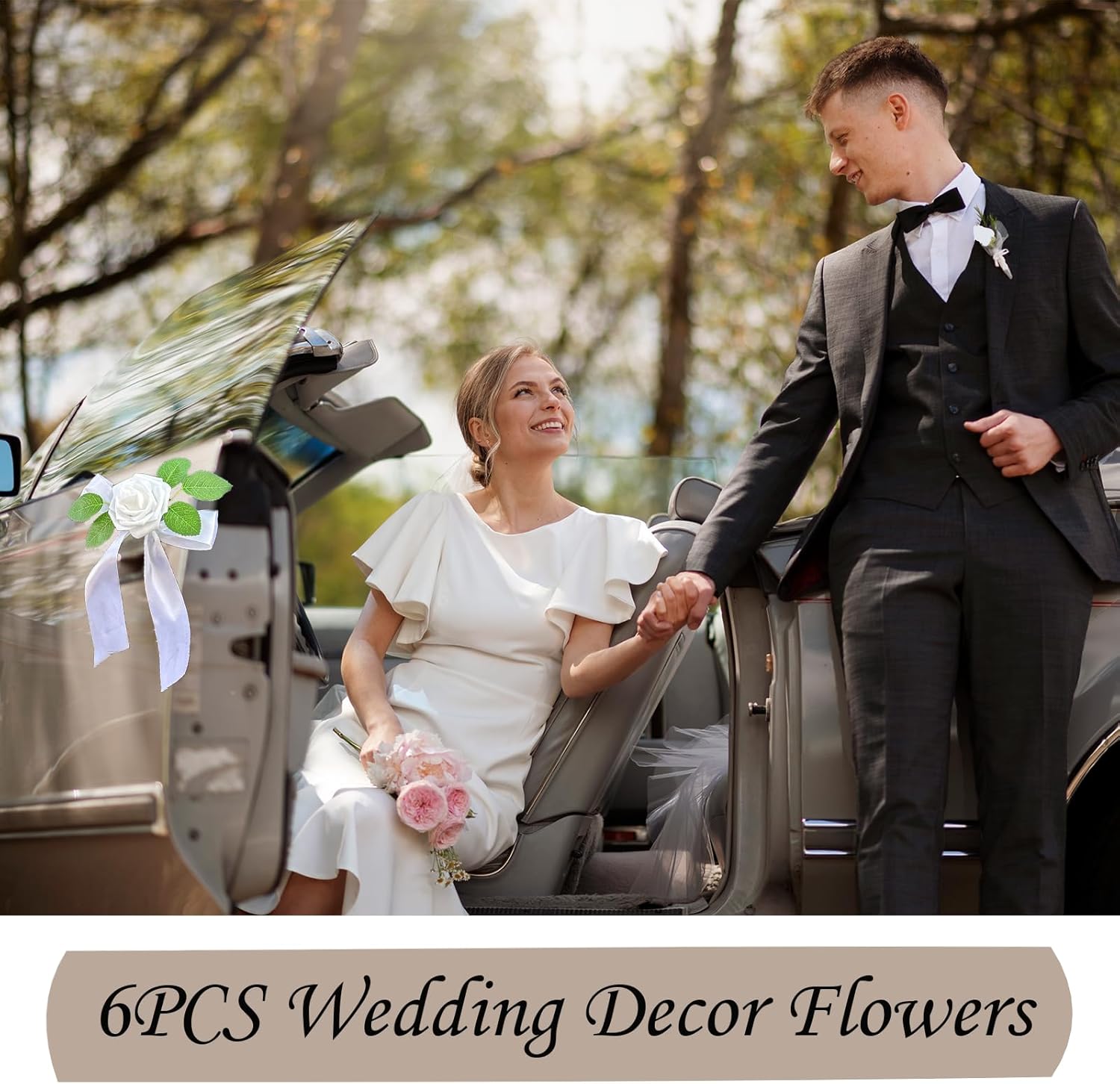 6pcs ivory artificial roses wedding car decorations – just married decor with ribbons, boxed faux flowers for bridal, reception, diy floral arrangements