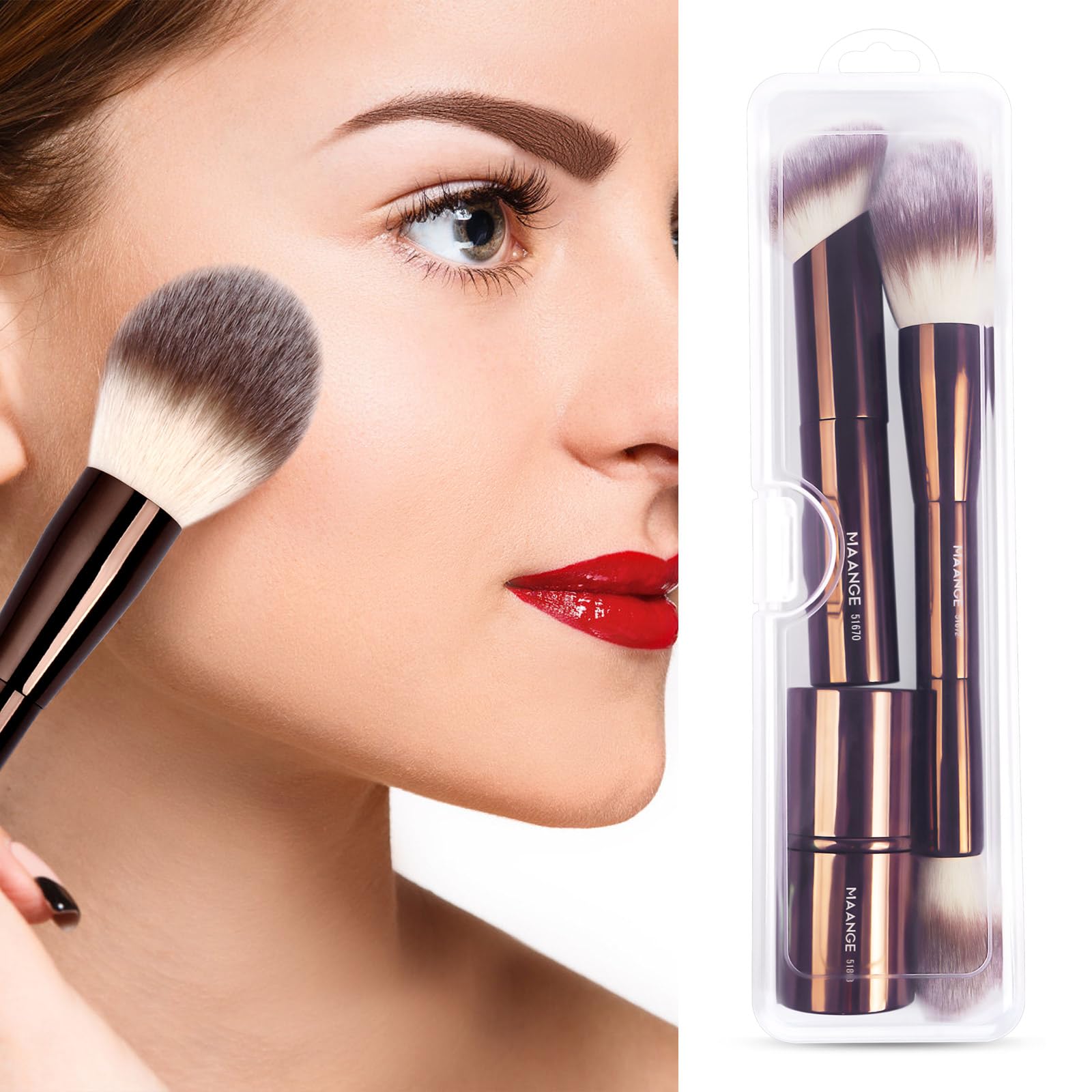 MAANGE Set di 3 pennelli per fondotinta, kabuki, a doppia estremità, pennelli per contouring, per cipria liquida, correttore, crema, cosmetici, miscelazione, fard, lucidatura, strumenti per il trucco