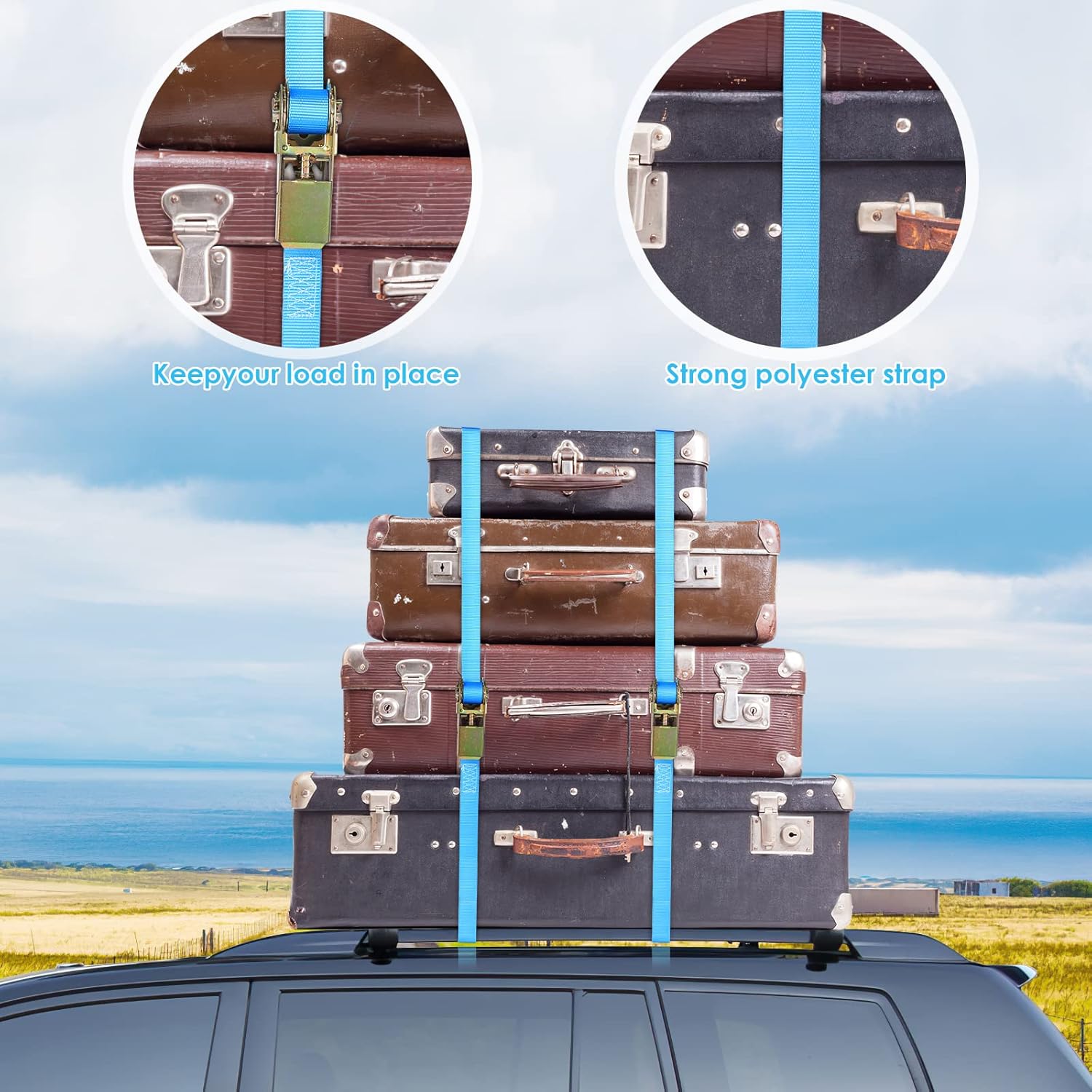 LIFERUN 10 Pack 1" x 20' Ratchet Straps Heavy Duty, 1760lbs Break Strength Endless Ratchet Strap, NO Hook, Tie Down Straps for Motorcycles, Goods, Luggage（Black &Blue）