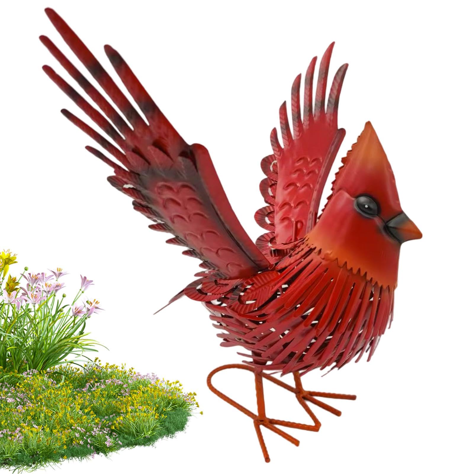 Déco jardin oiseau métal rouge stable contre le vent avec piquet en U