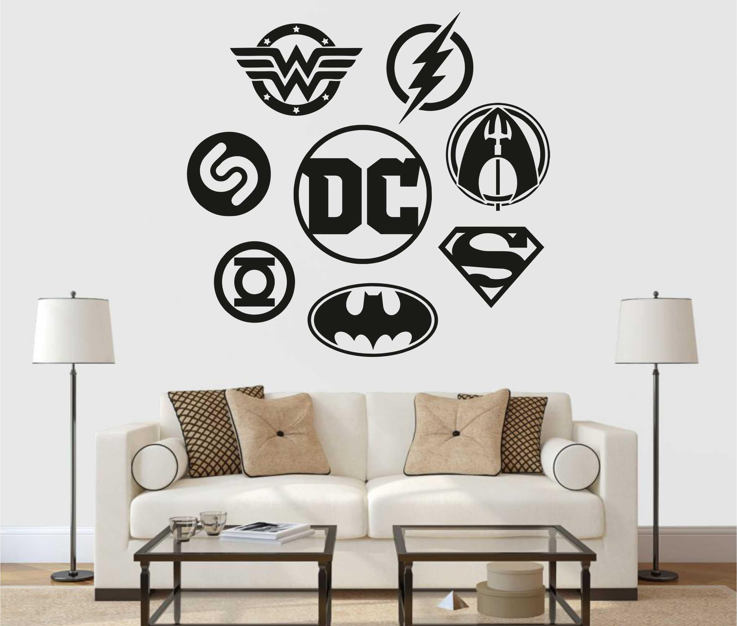 Large, Mini Decor DC - Superheros Logo Vinyl Wall Decoration Sticker (Black)