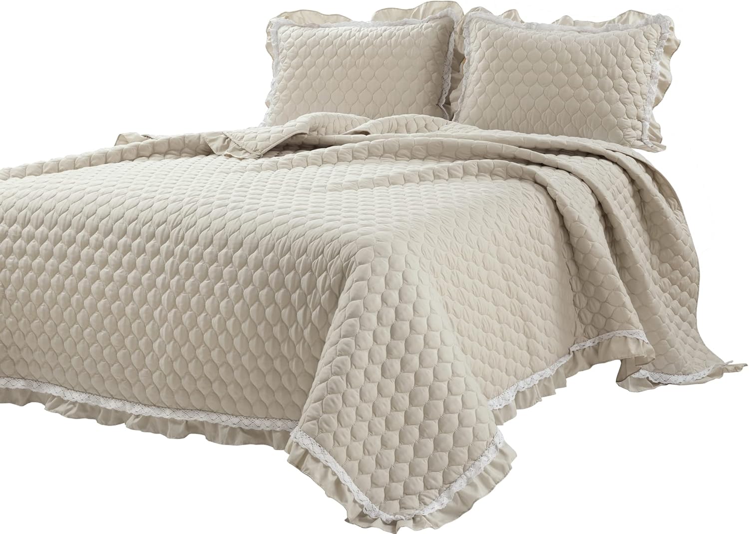 Lush Decor Ella Ruffle Lace Quilt, 3 Piece Set, Full/Queen, Neutral - Cute Quilt - Queen Bedding Set - Beige Bedding Full Size - Coquette Decor - Neutral Ruffle Trim - Beige Lace Trim - Image 9