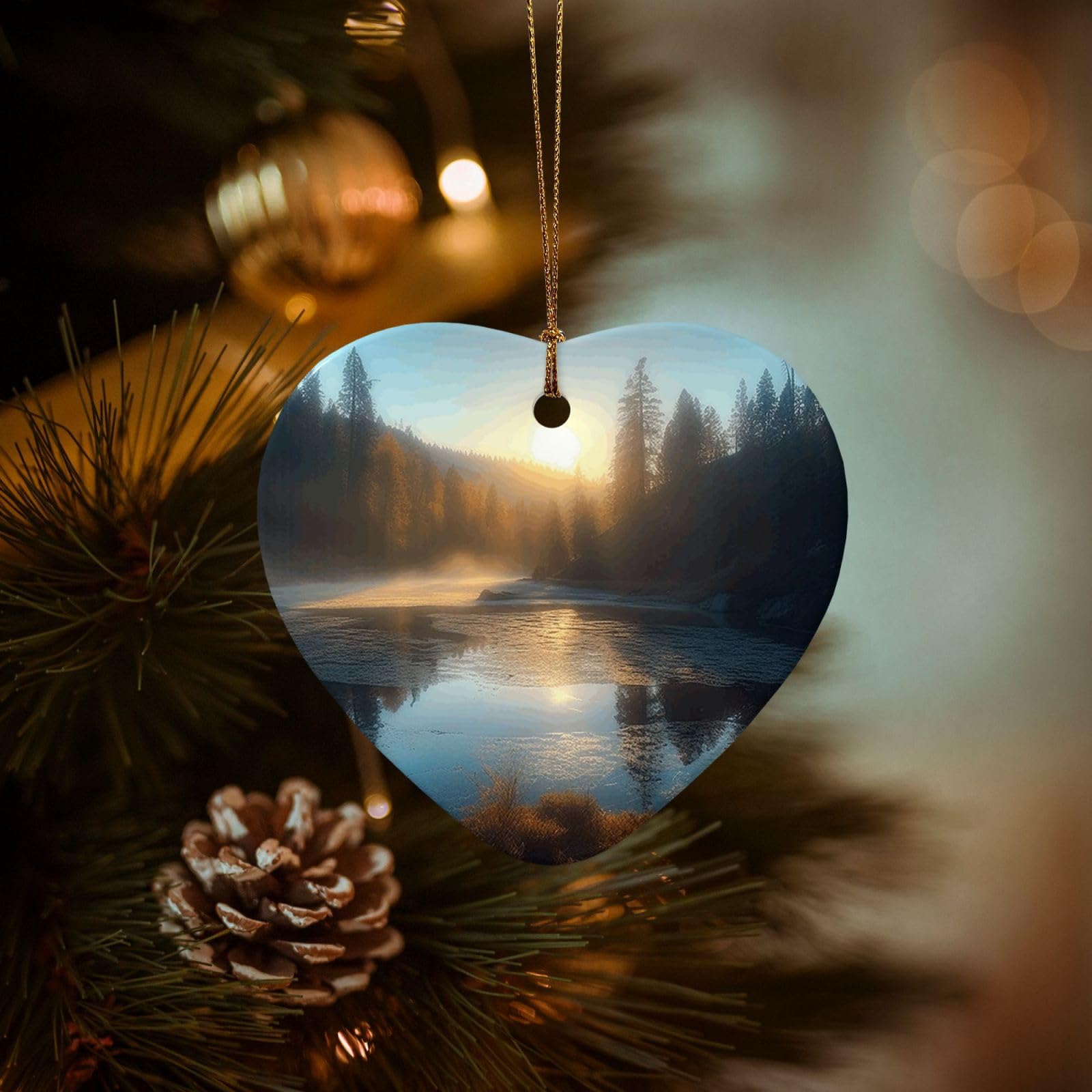 Christmas Ornaments for Christmas Tree Decoration Hanging Sunrise Over Mountain Forest Lake Ornament with Gold Ribbon Crafts Heart Shape Ceramic Pendant for Keepsake Gifts Xmas Decor Party Supplies