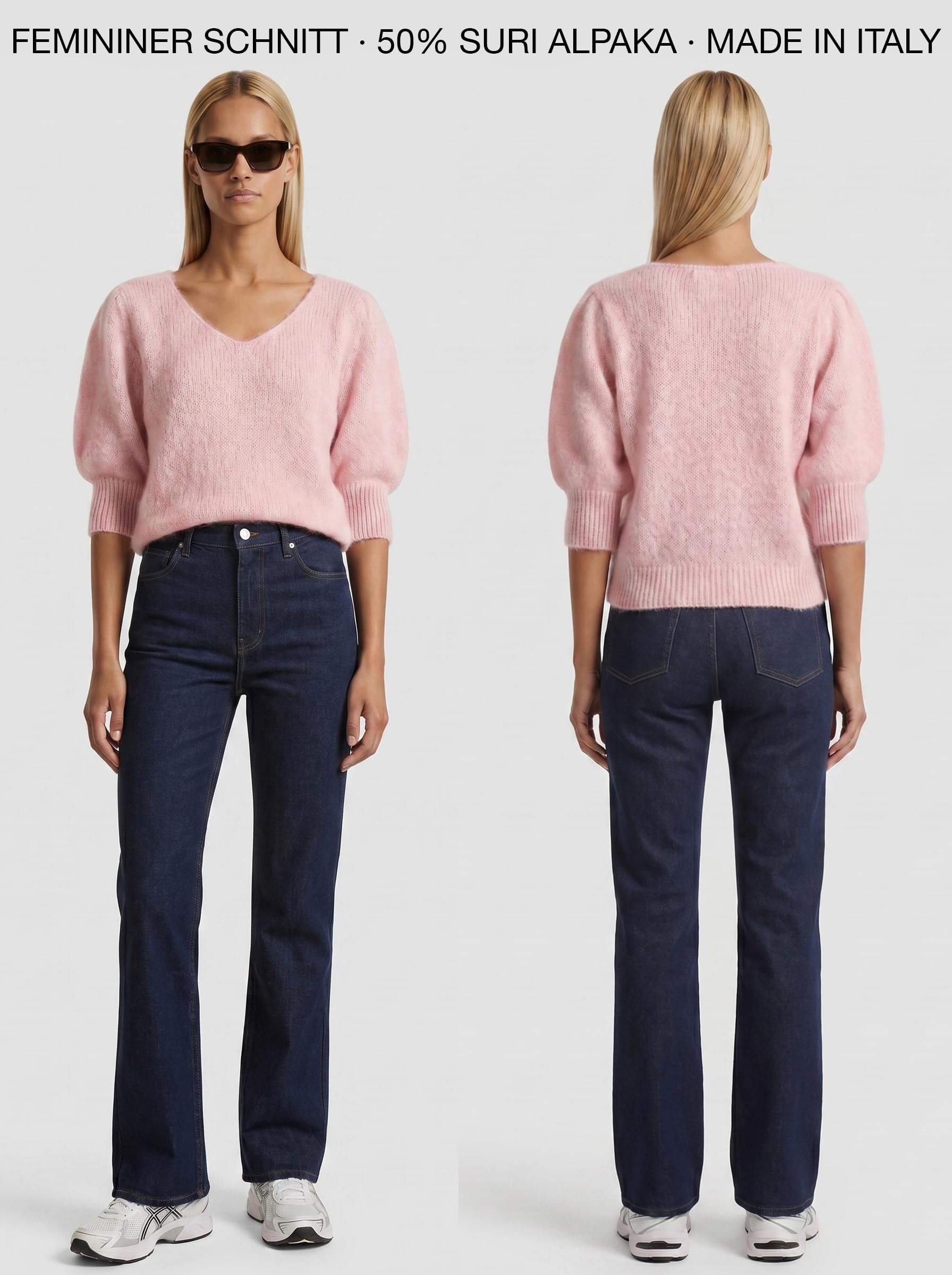 Americandreams Koa - Maglione corto da donna in alpaca leggero, con scollo a V e maniche a 3/4, in alpaca e lana merino