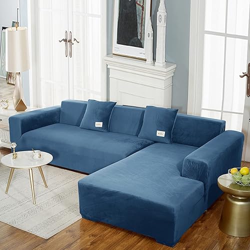 Miniatura 9 de Fundas de sofá de alta elasticidad en forma de L, 2 fundas de sofá modulares, una para sofá porción uno para diván, de terciopelo, lavable,