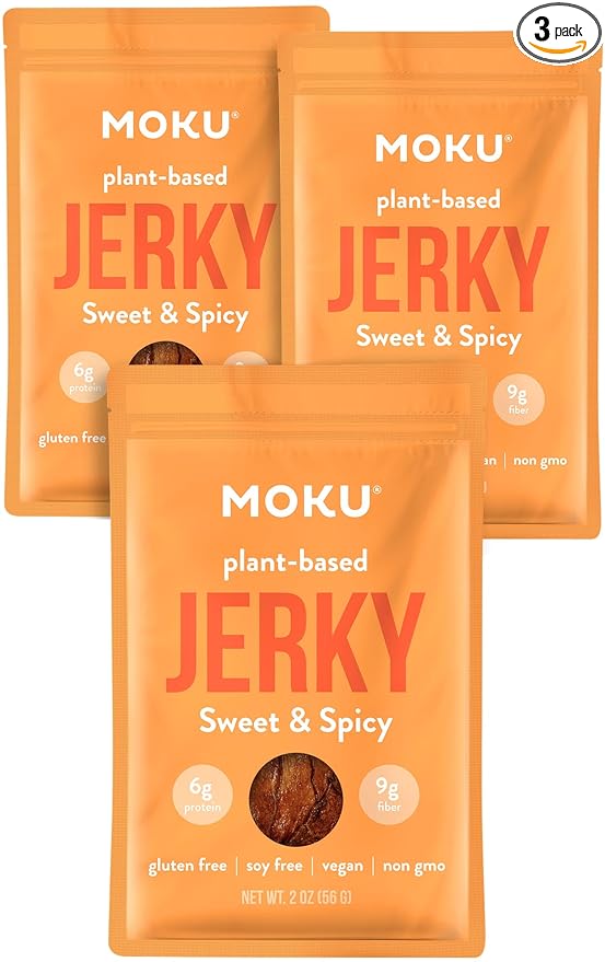 Moku Plant-Based Mushroom Jerky, Sweet & Spicy (3 Pack), Gluten Free, Soy-Free, Non-Gmo Vegan Snacks, No Artificial Sweetener Vegan Food, Healthy Snacks, 2.0 Oz Ea