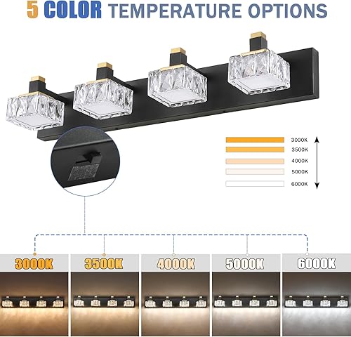 Miniatura 2 de Luces de tocador de baño sobre espejo, 4 luces regulables 5CCT, luces LED de tocador de cristal negro y dorado, iluminación de pared de 29.92