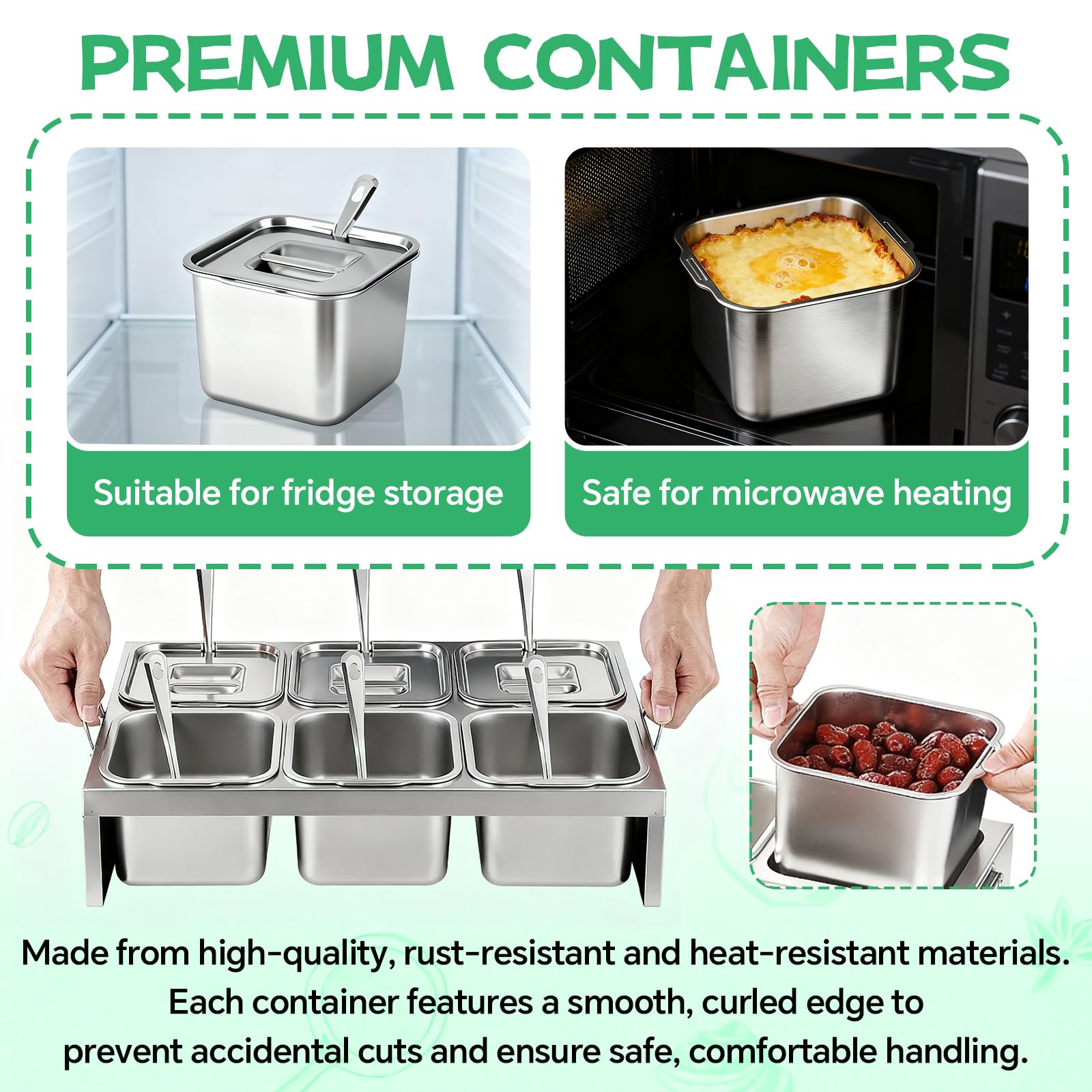 JAOGAUS Contenedor de Ingredientes, 6×2L Recipientes de Acero Inoxidable con Tapas & Cucharas, Bandeja de 6 Compartimentos Estación de Toppings para Pizza, Accesorio de Pizza para Cocina & Hostelería