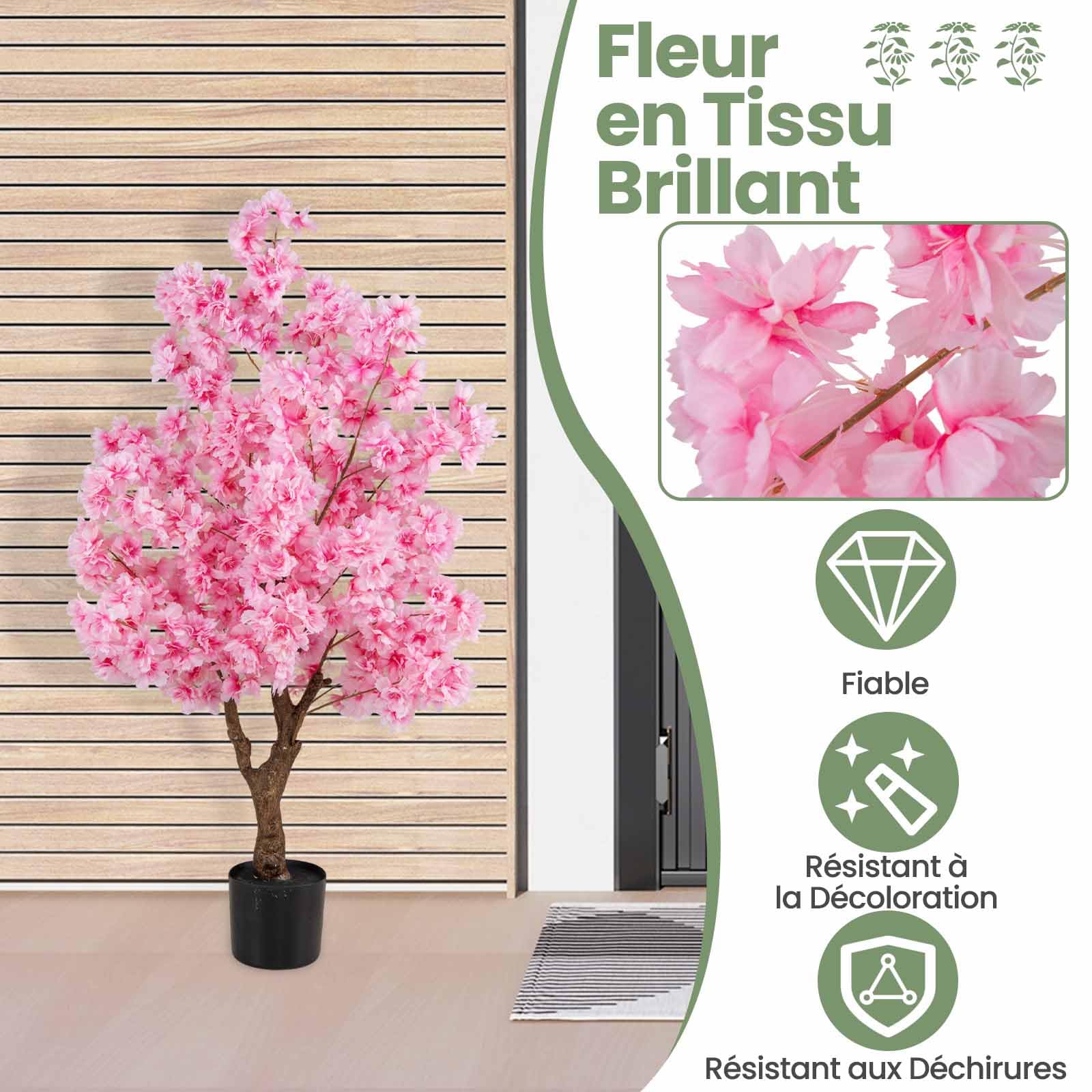 COSTWAY Plante Artificielle en Pot Remplies de Ciment 120CM, Fausse Cerisier avec 900 Fleurs Roses Tronc en Polyéthylène Multi-Branches, Décoration Moderne pour Salon Balcon Bureau