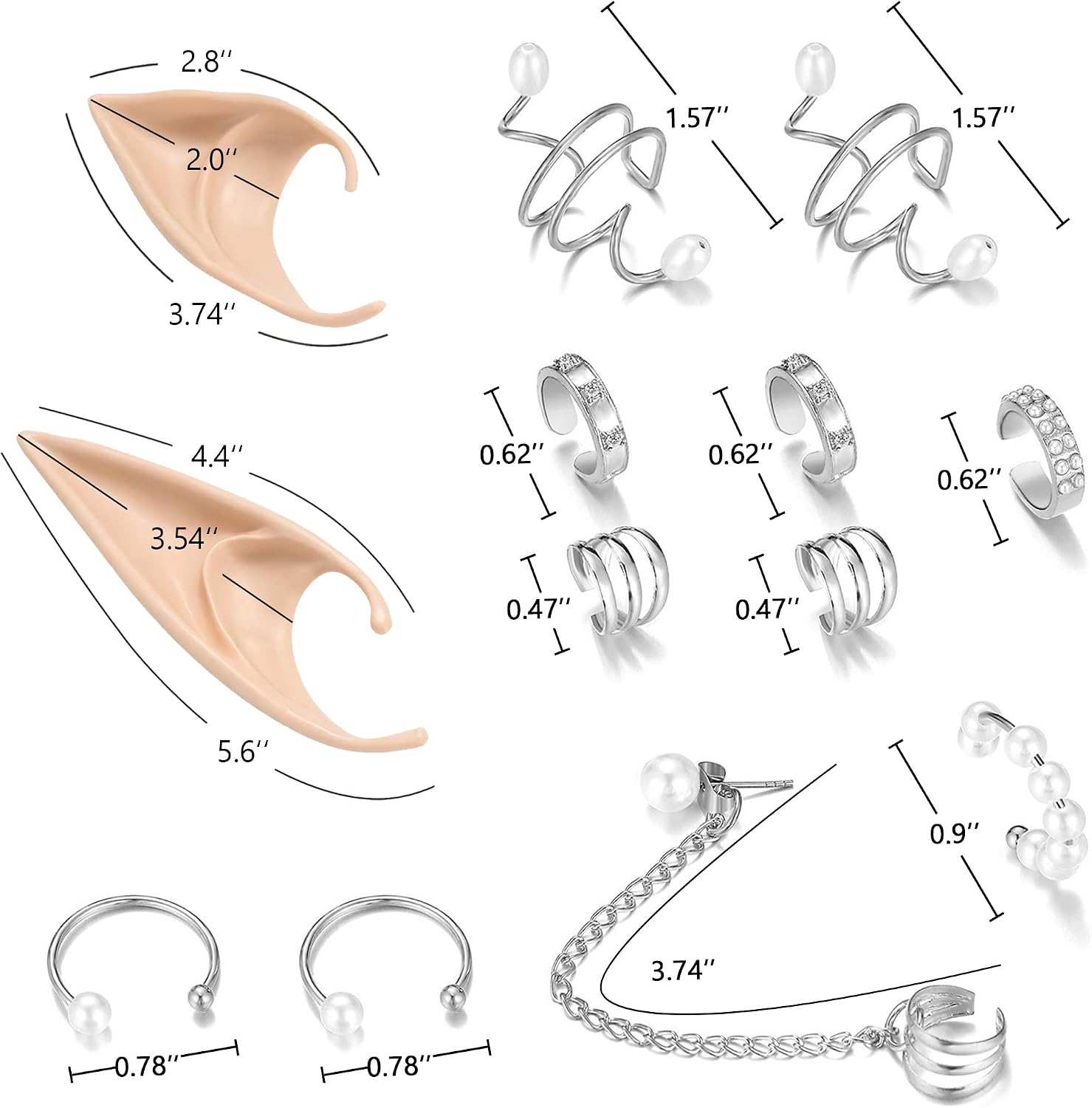 FRESHME Gothic Elf Ears with Sliver Piercings Set, Renaissance Fairy Ear Cuffs with Skull Earrings