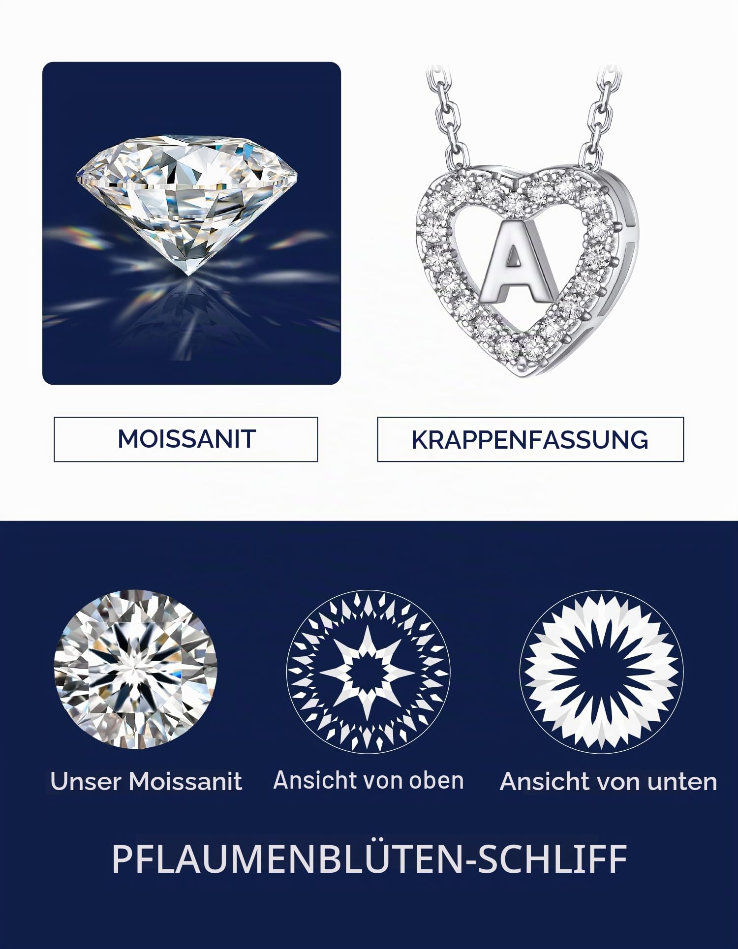 MomentWish Herz Kette mit Buchstaben A-Z Anhänger, Moissanit Diamant Initialen Halskette Damen,Personalisierte Geburtstagsgeschenk für Frauen Damen Weihnachtsgeschenke